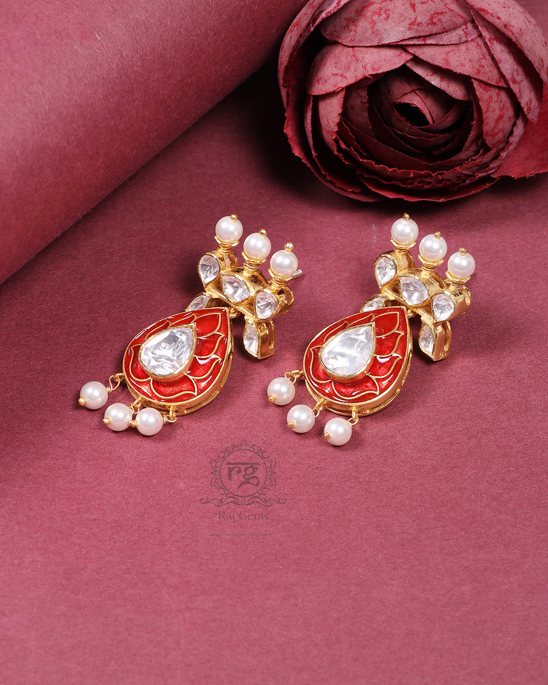 925 Silver Polki Red Earring