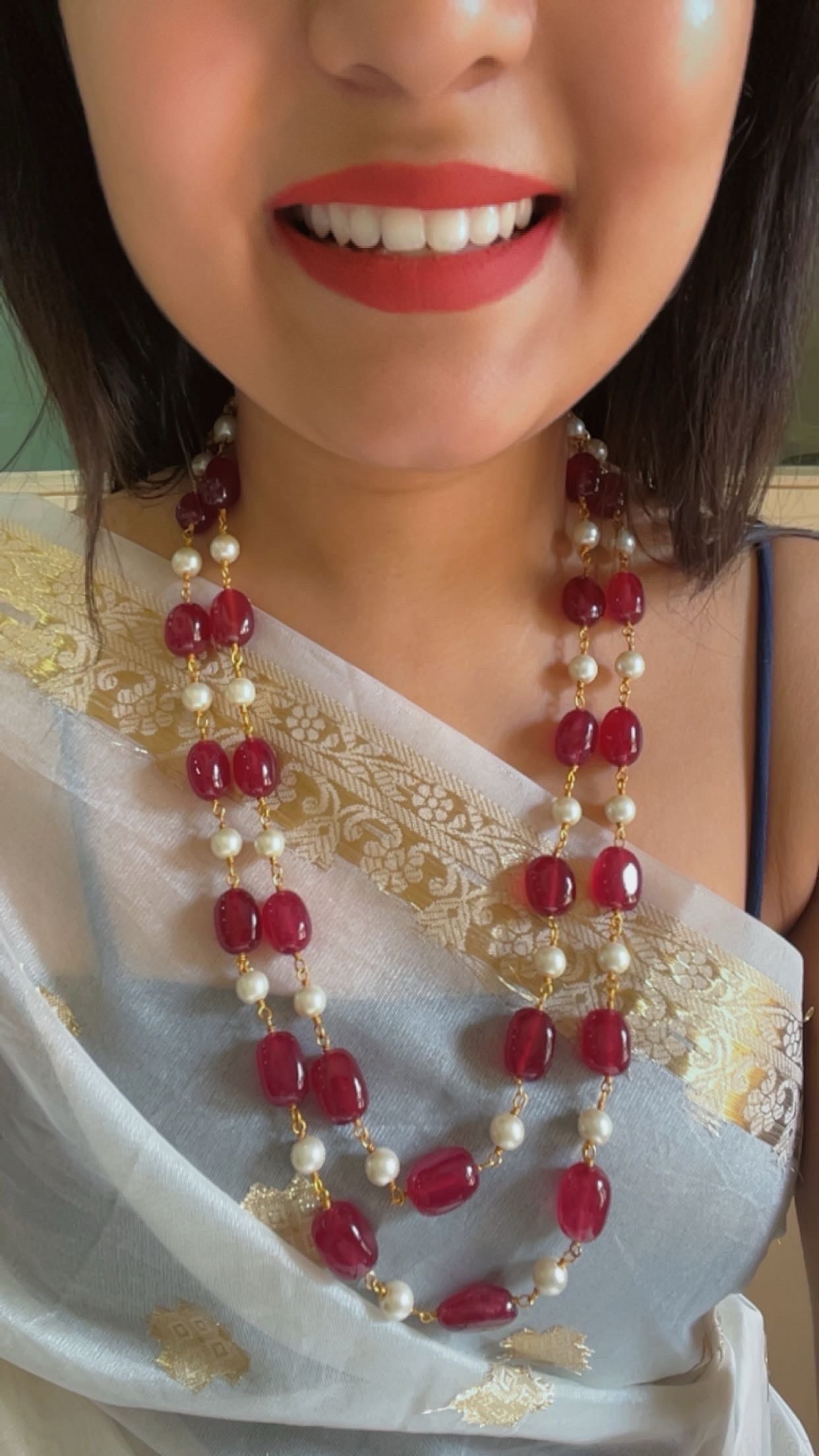 Natural Red Quartz & Pearl Gemstone Beads Necklace Jewelry