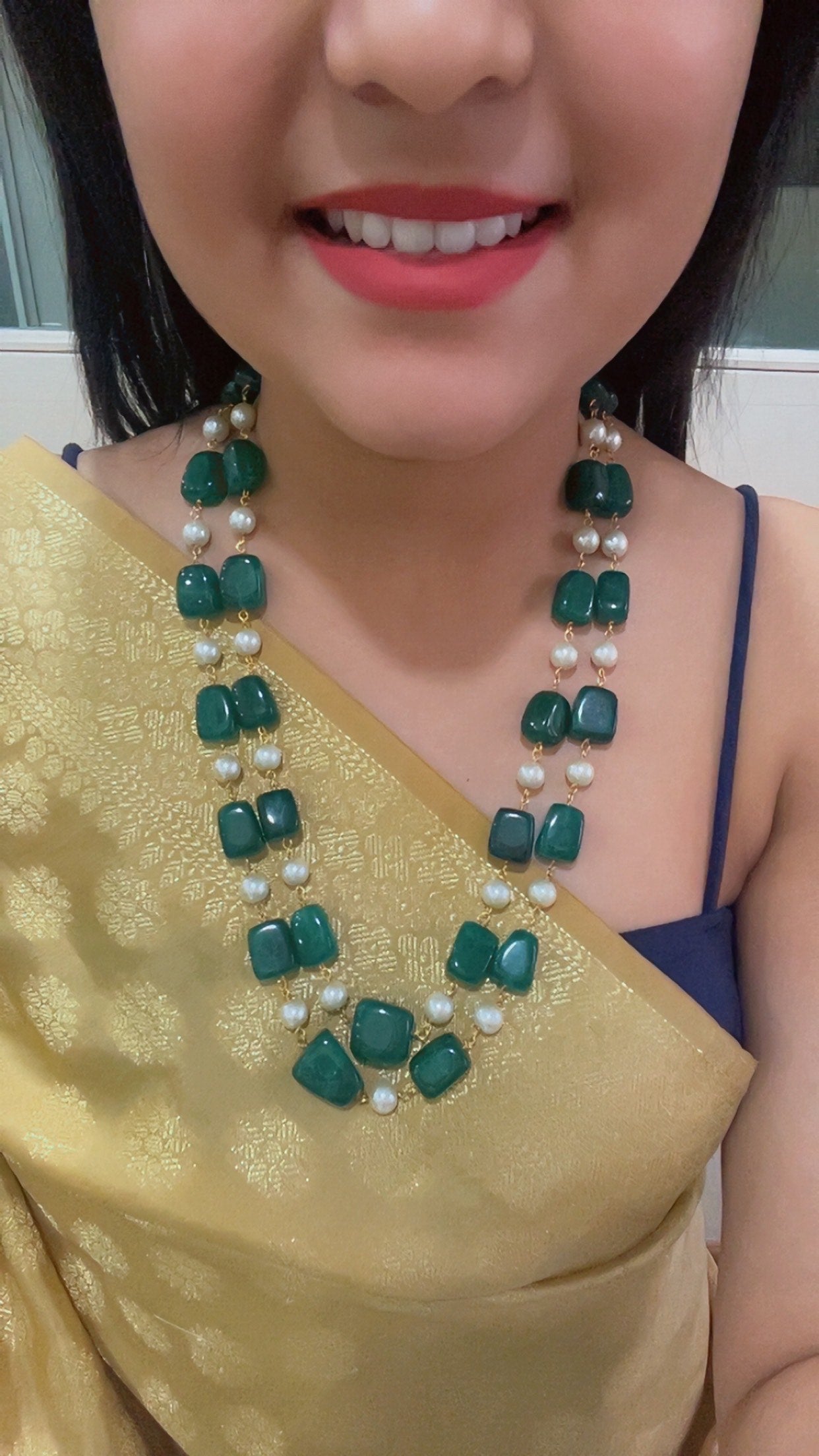 Natural Green Quartz & Pearl Gemstone Beads Necklace Jewelry