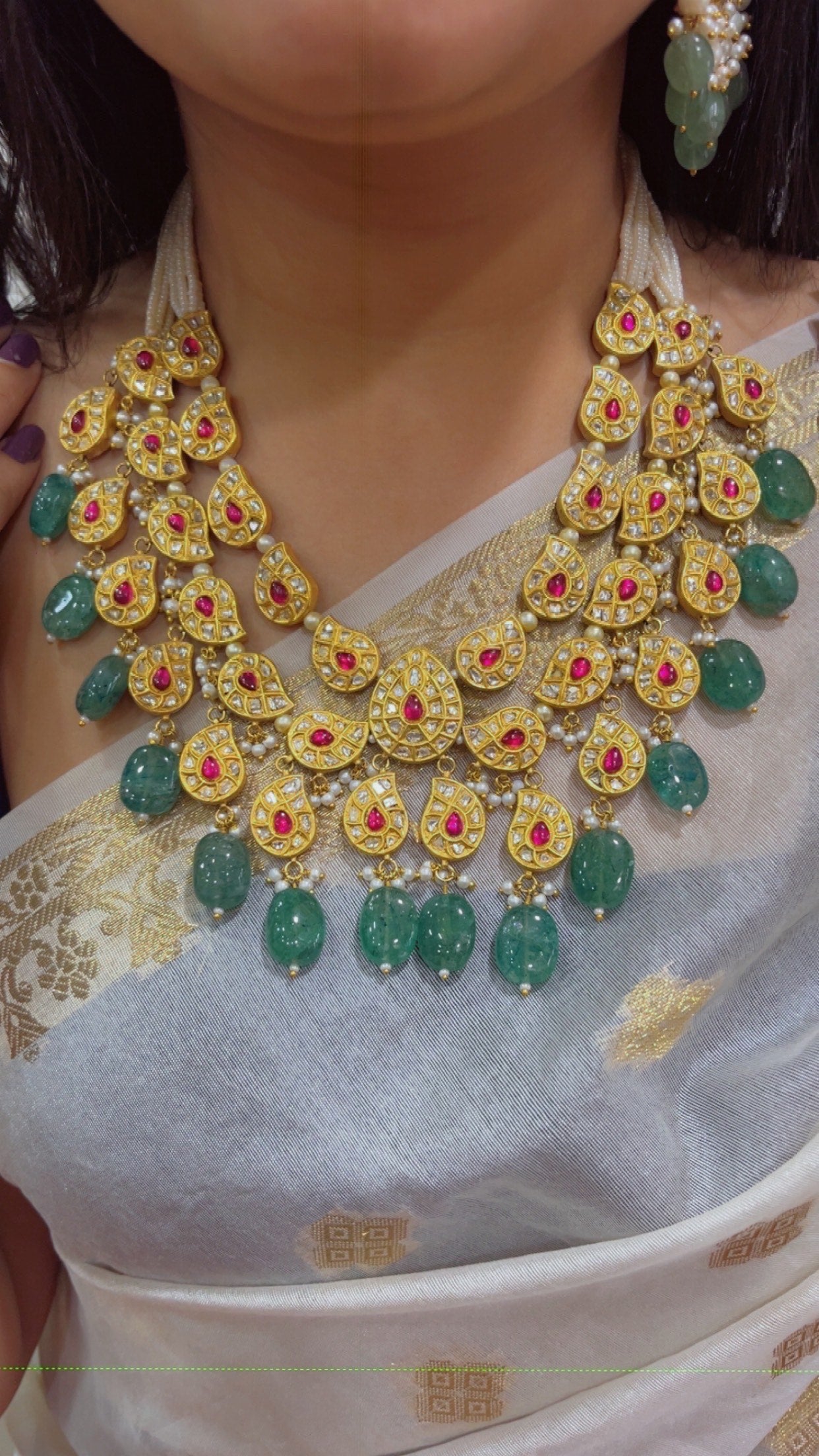 22K Gold Hallmarked Diamond Polki Red Green Necklace Jewelry