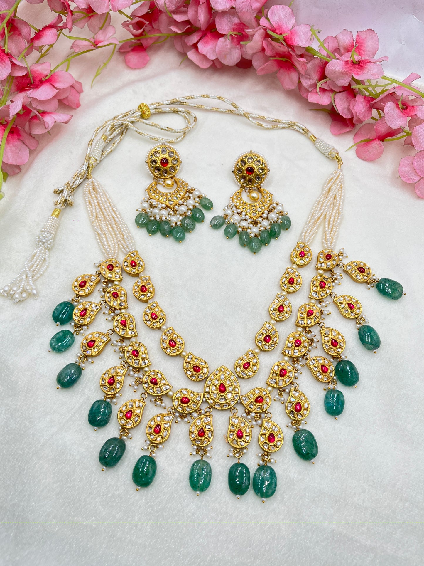 22K Gold Hallmarked Diamond Polki Red Green Necklace Jewelry