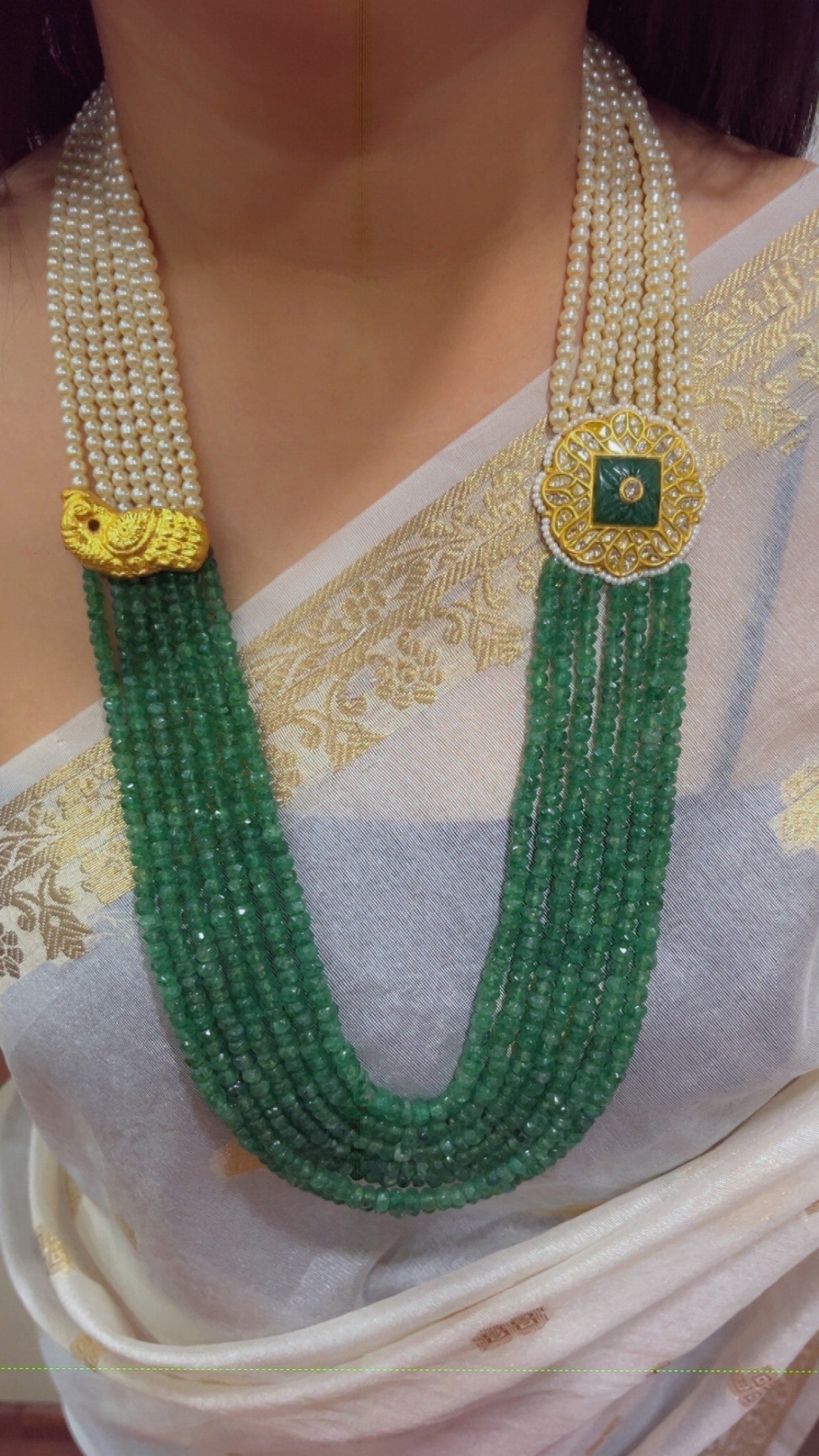 22K Gold Hallmarked Diamond Polki Green Necklace Jewelry