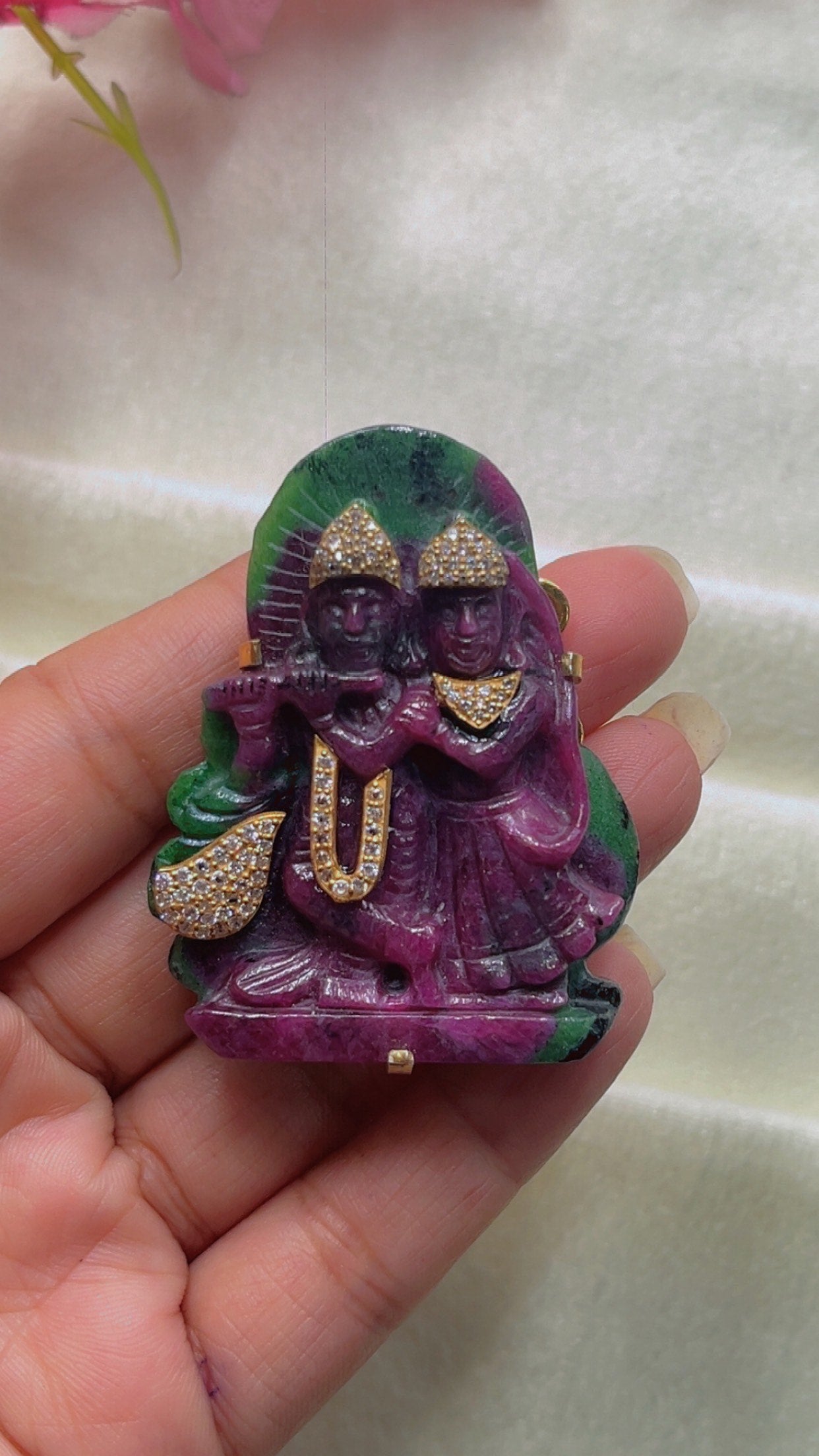 Natural 925 Silver Ruby Gemstone Radha Krishna Carving
