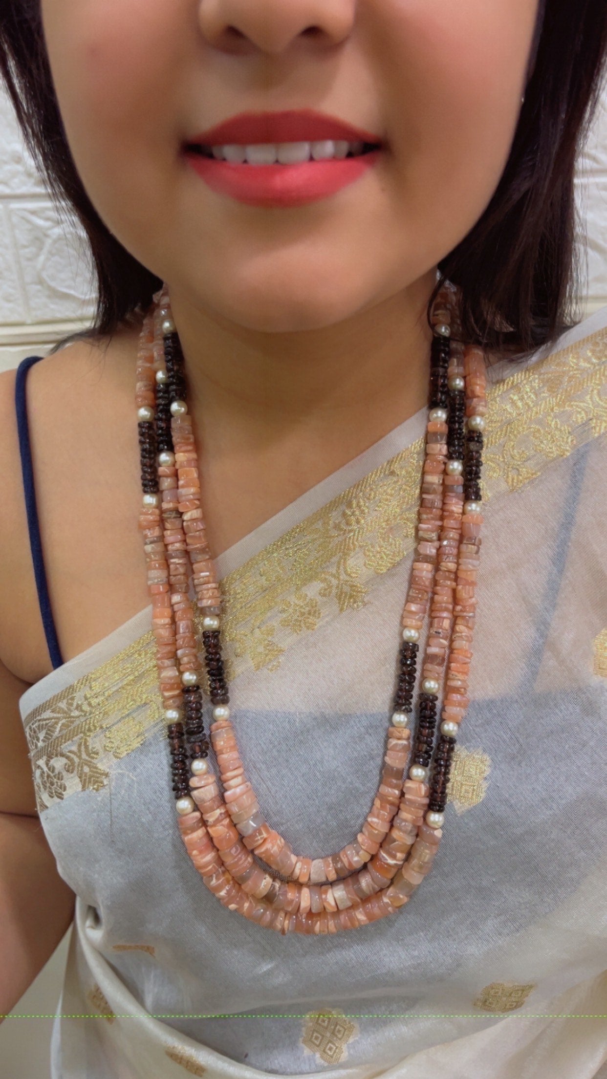 Natural Peach Moonstone Garnet & Pearl Gemstone Beads Necklace Jewelry QC1