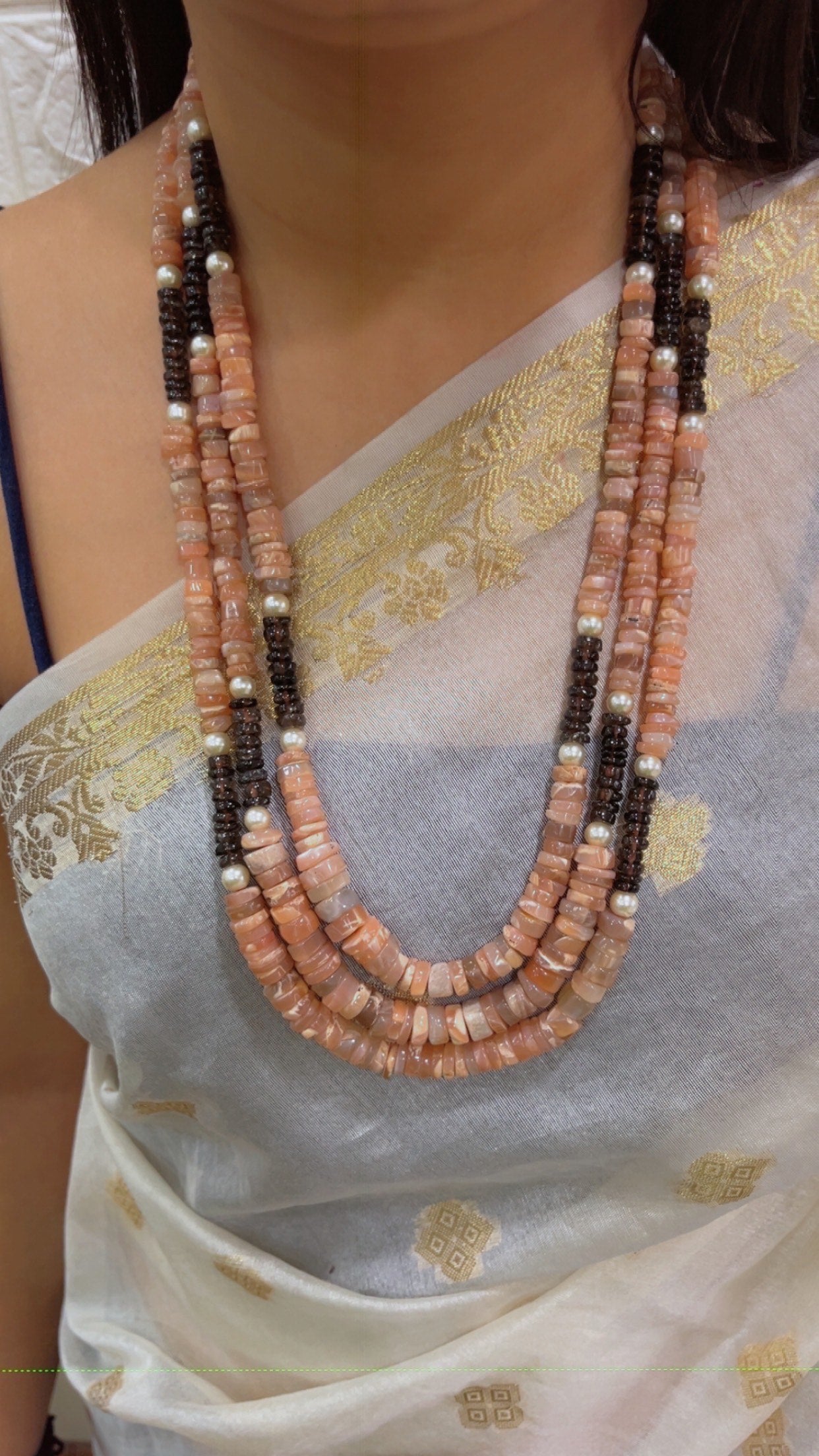 Natural Peach Moonstone Garnet & Pearl Gemstone Beads Necklace Jewelry QC1