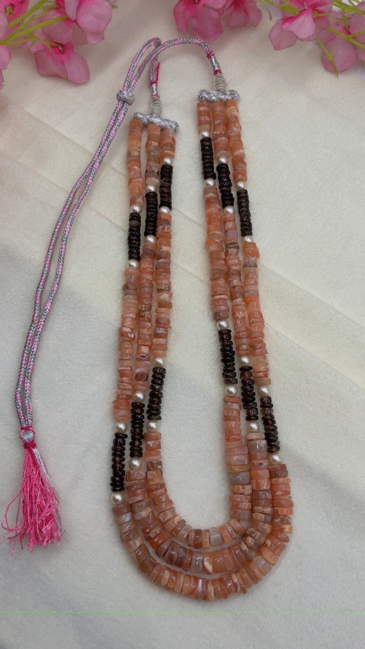 Natural Peach Moonstone Garnet & Pearl Gemstone Beads Necklace Jewelry QC1