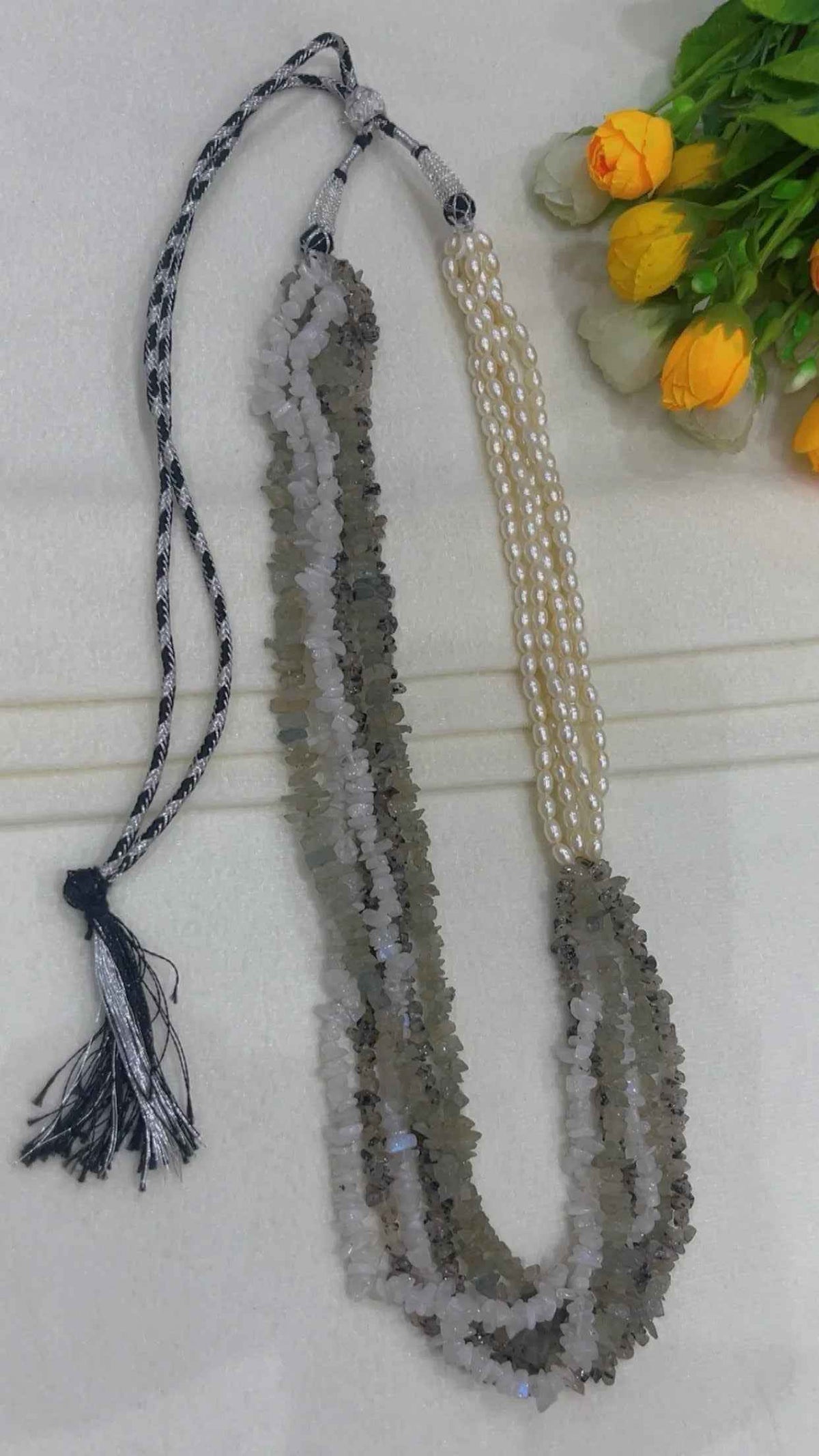 Natural Black Rutile, Aquamarine, Moonstone & Pearl Beads Necklace Jewelry