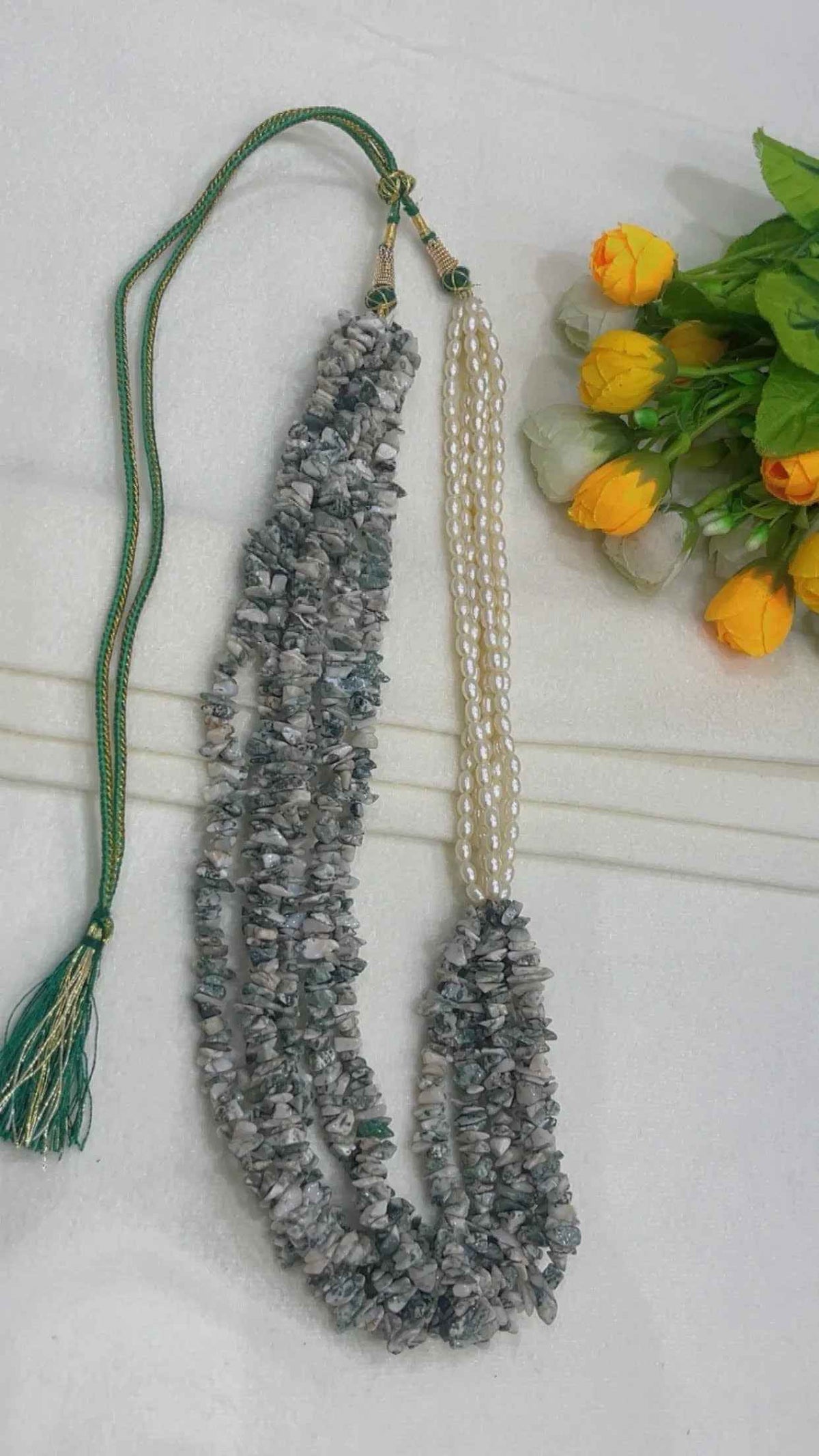 Natural Green Jasper & Pearl Gemstone Beads Necklace Jewelry