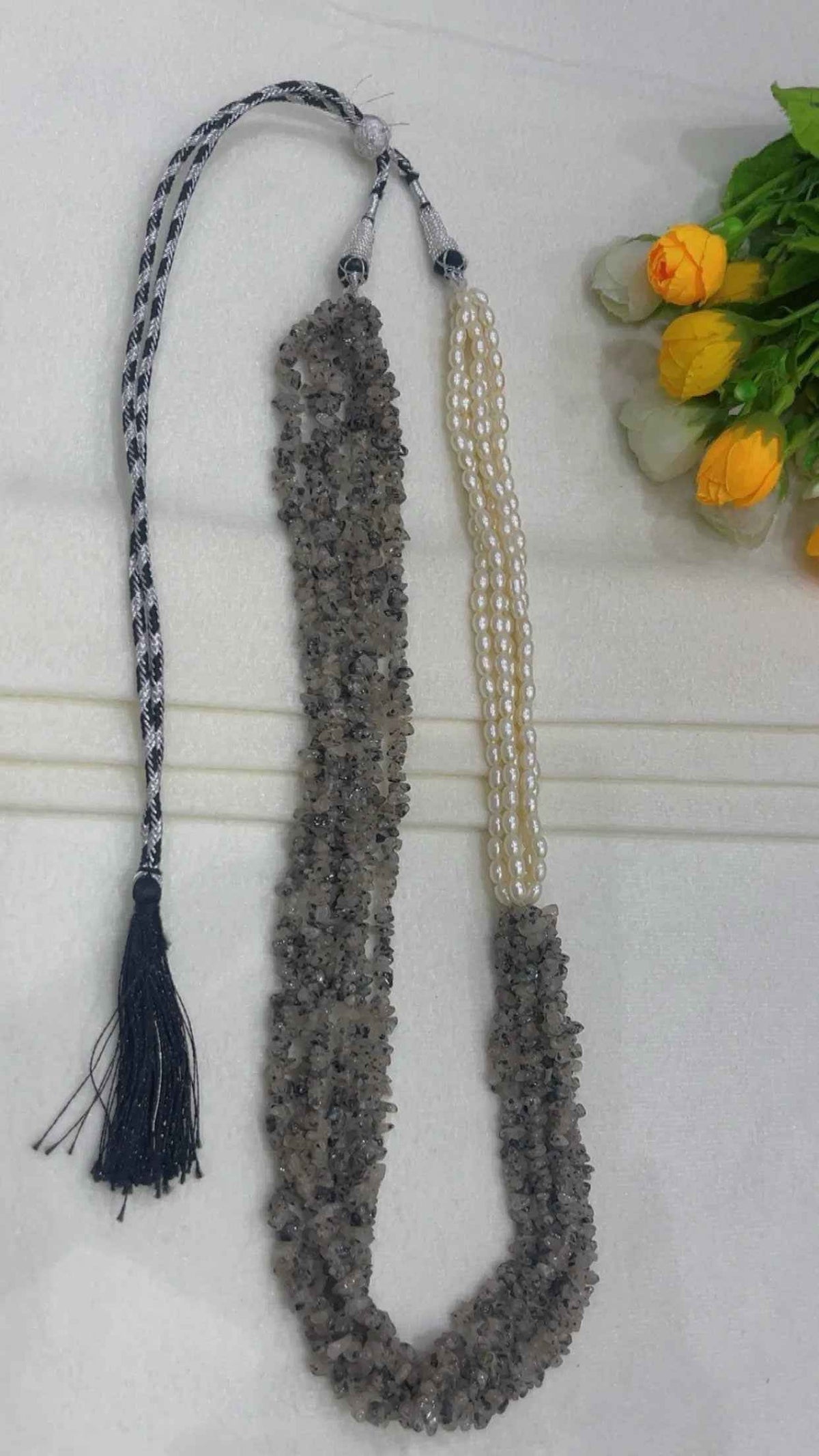 Natural Black Rutile & Pearl Gemstone Beads Necklace Jewelry