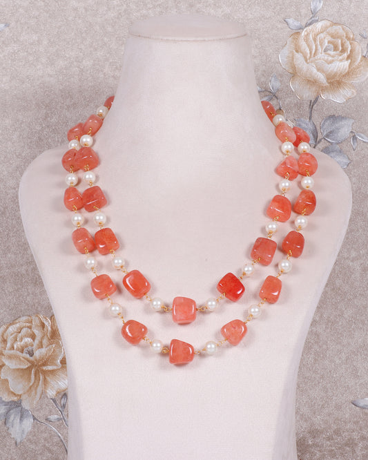 Natural Peach Quartz & Pearl Gemstone Beads Necklace Jewelry