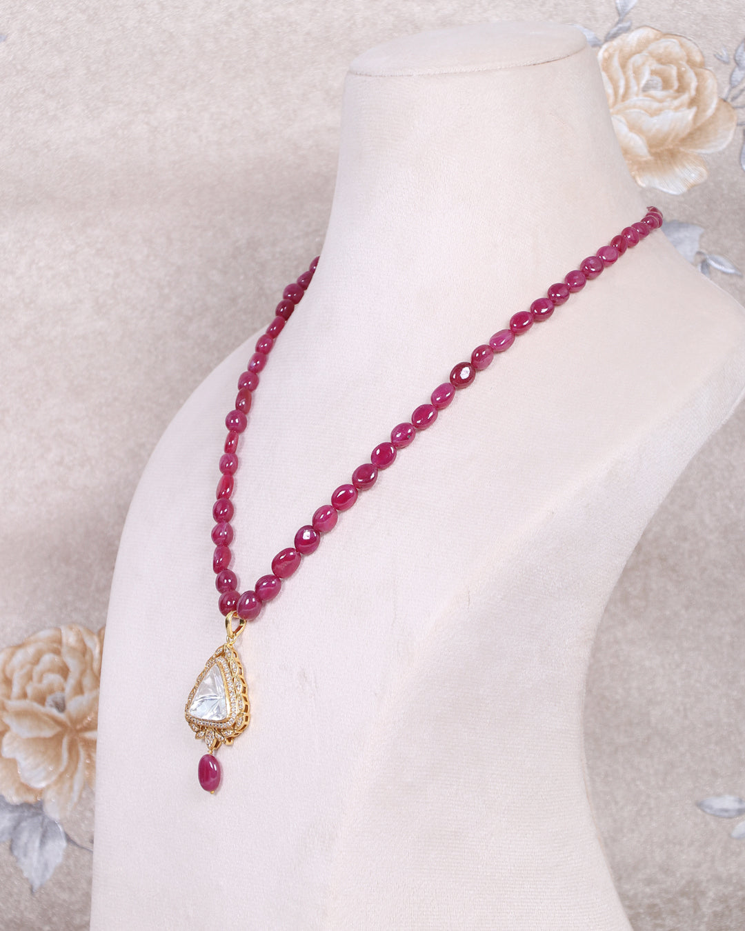 925 Silver Natural Ruby & Polki Gemstone Designer Necklace Jewelry