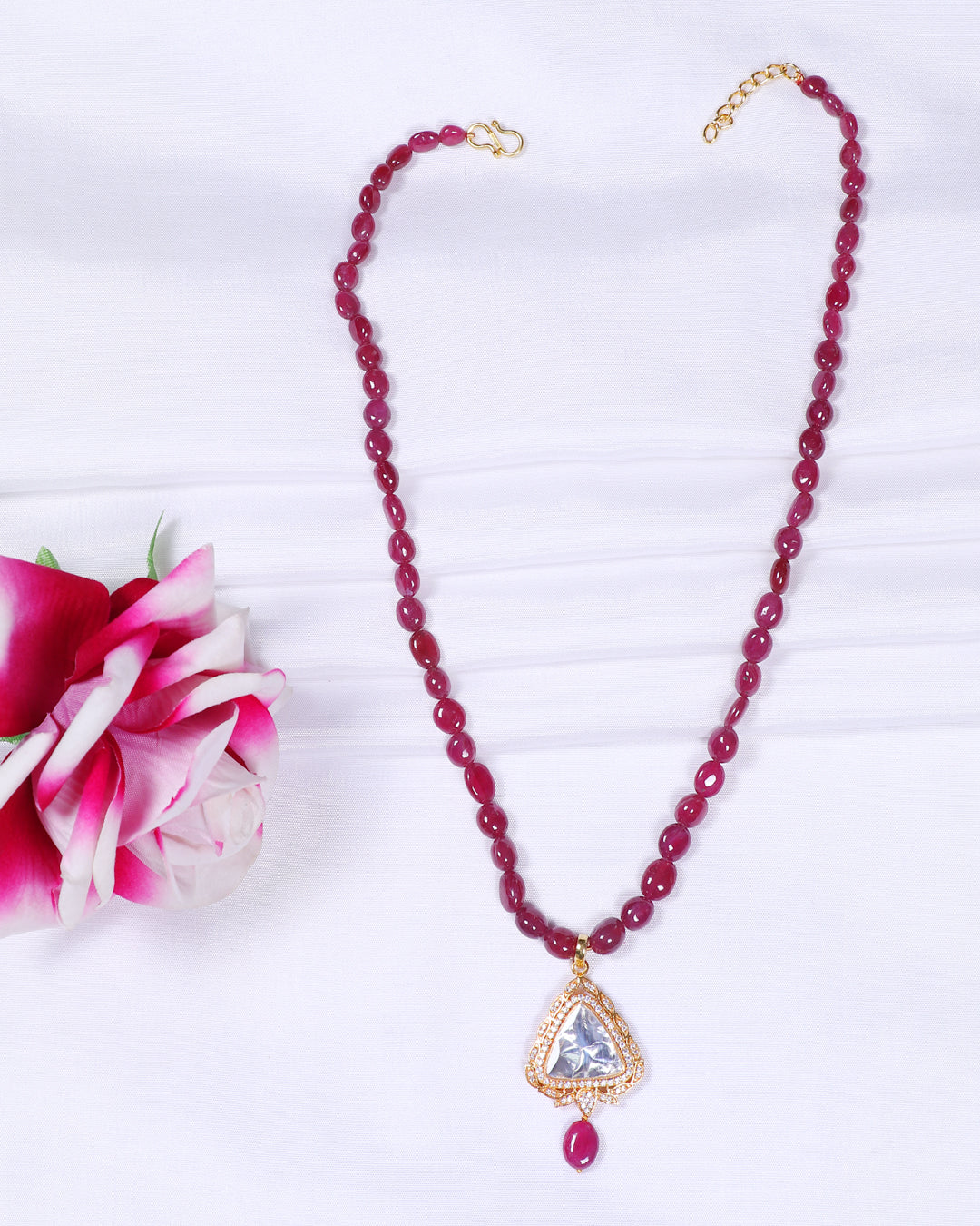925 Silver Natural Ruby & Polki Gemstone Designer Necklace Jewelry