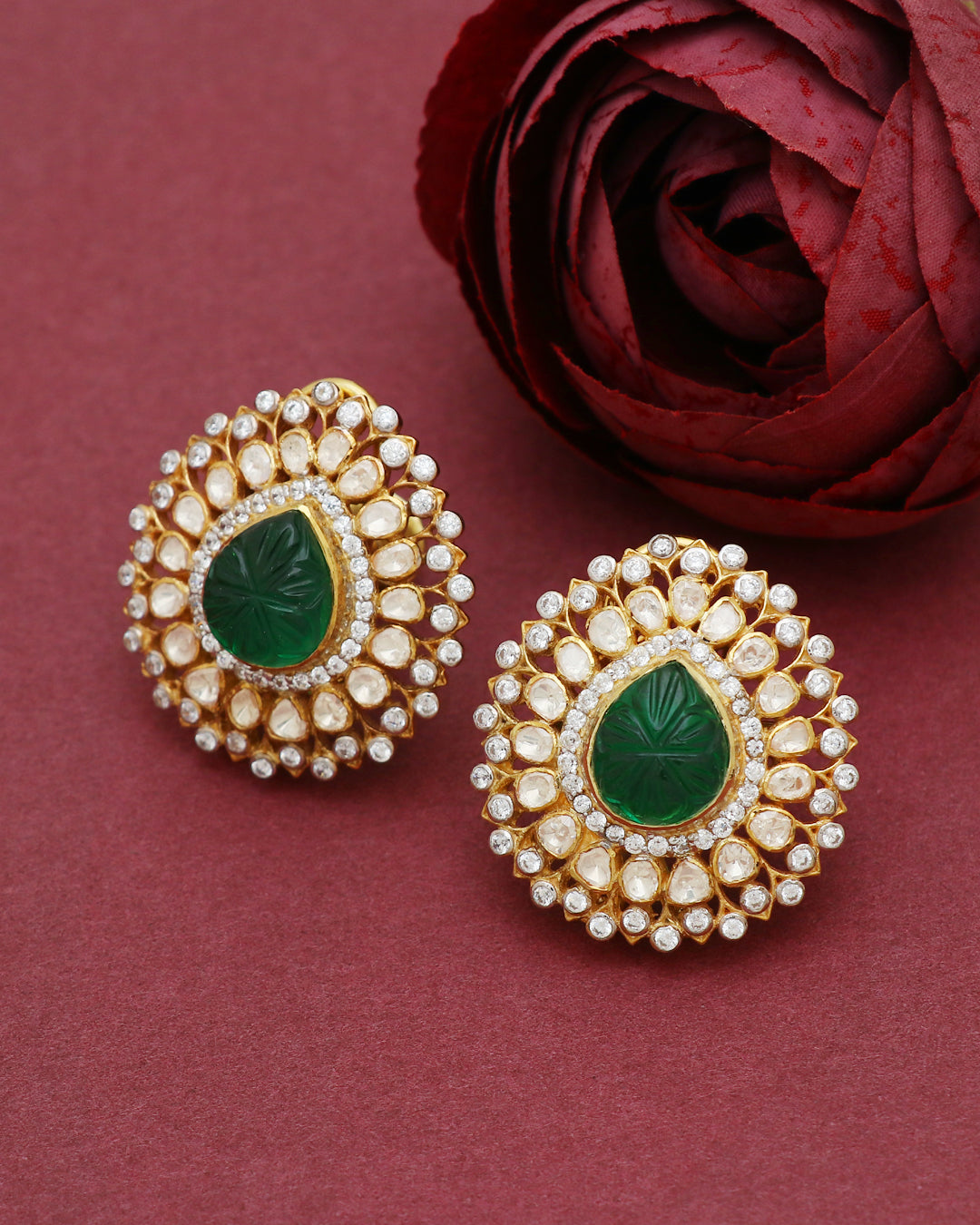 925 Silver Moissanite Polki Stud Green Earrings