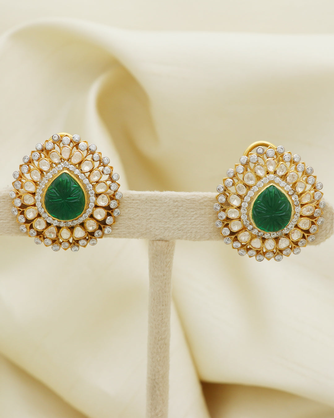 925 Silver Moissanite Polki Stud Green Earrings