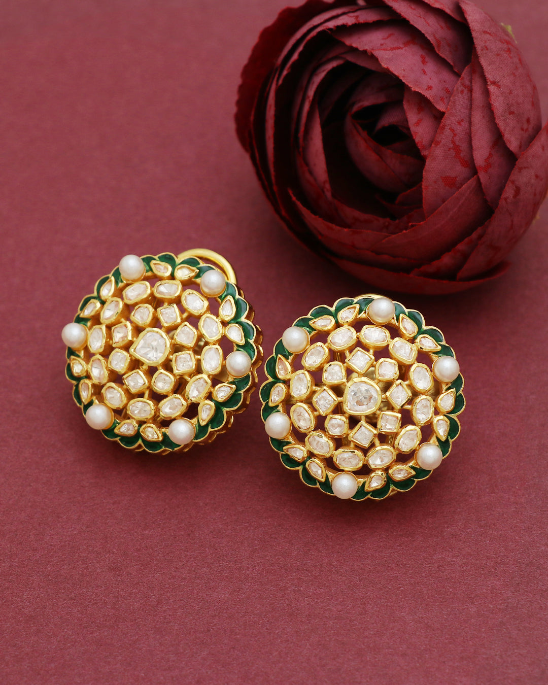 925 Silver Moissanite Polki Stud Green Earrings