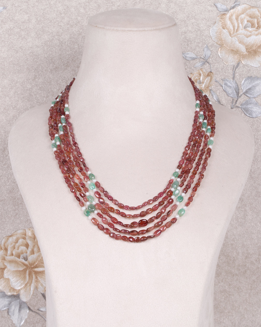 Natural Pink Tourmaline & Emerald Gemstone Oval Beads Necklace Jewelry