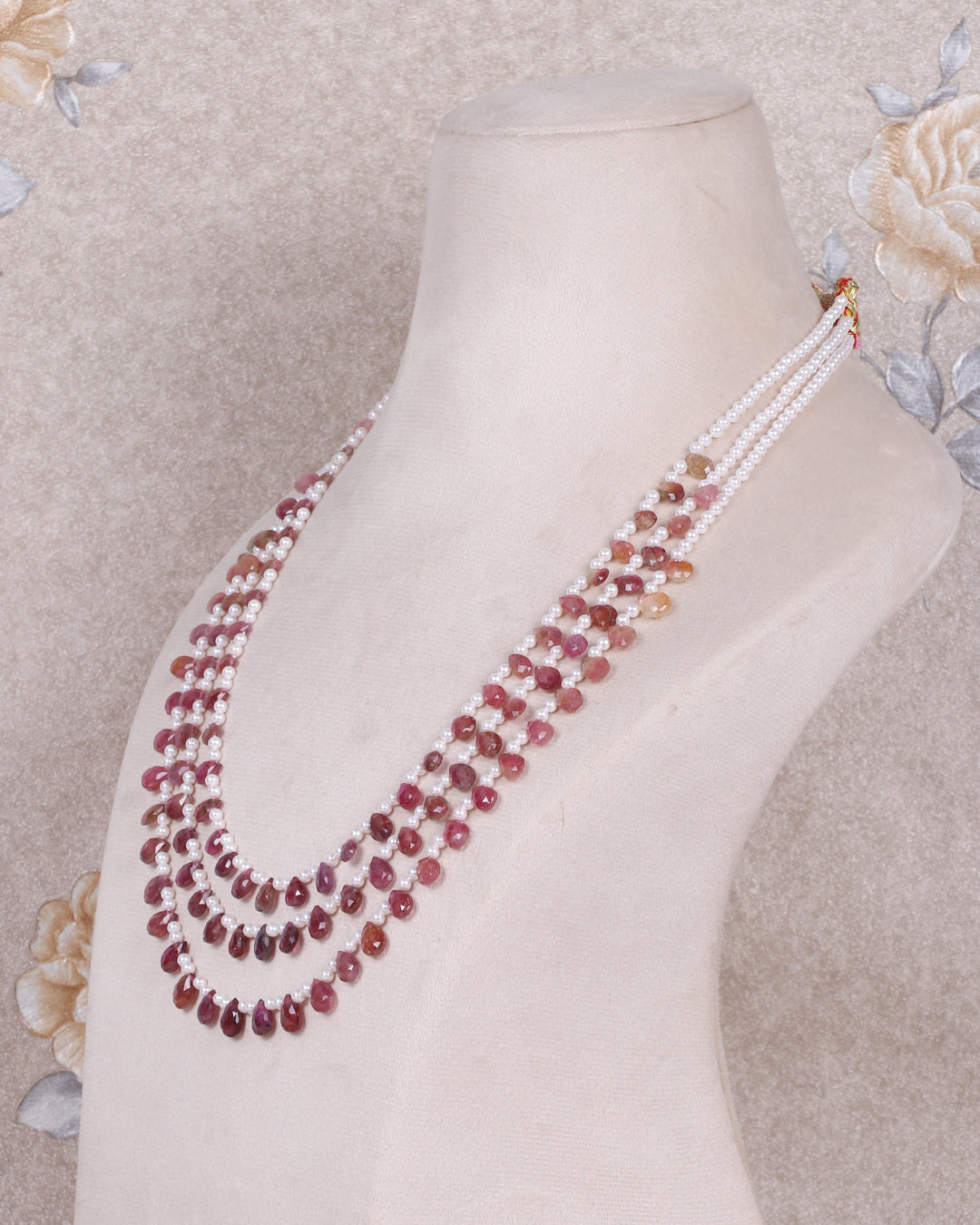 Natural Pink Tourmaline & Pearl Faceted Pear Beads Necklace Jewelry