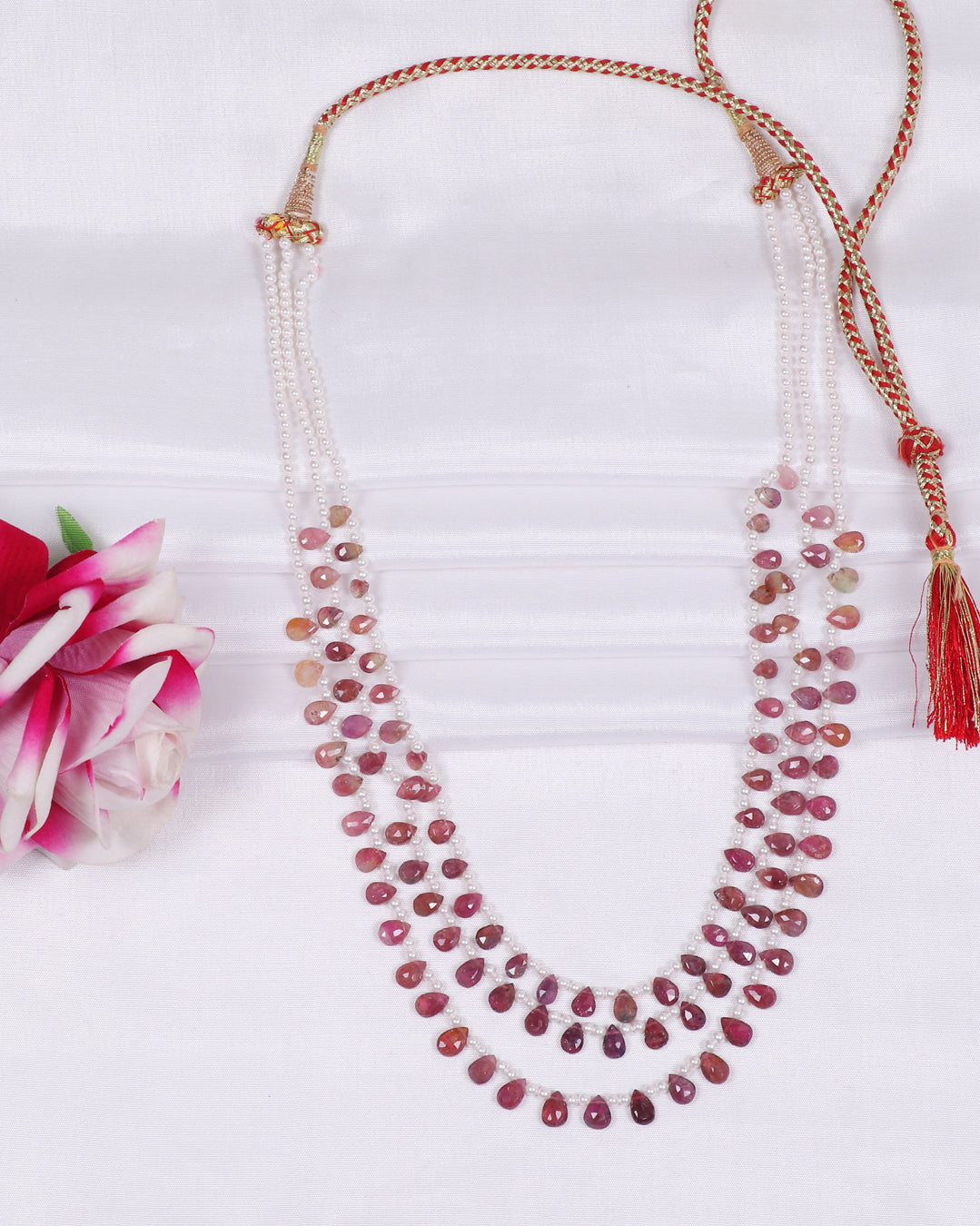 Natural Pink Tourmaline & Pearl Faceted Pear Beads Necklace Jewelry
