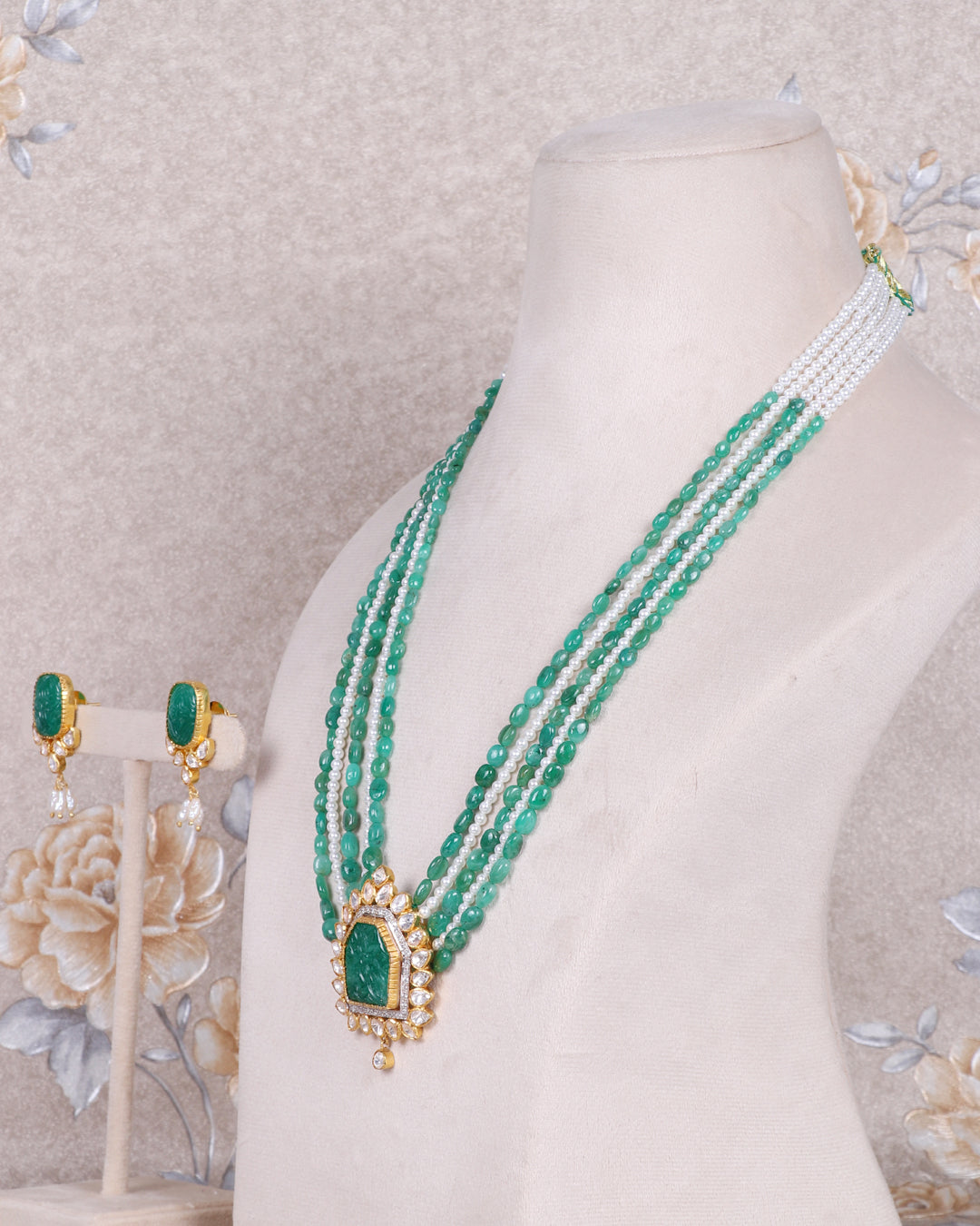 925 Silver Emerald & Pearl Polki Designer Necklace Jewelry