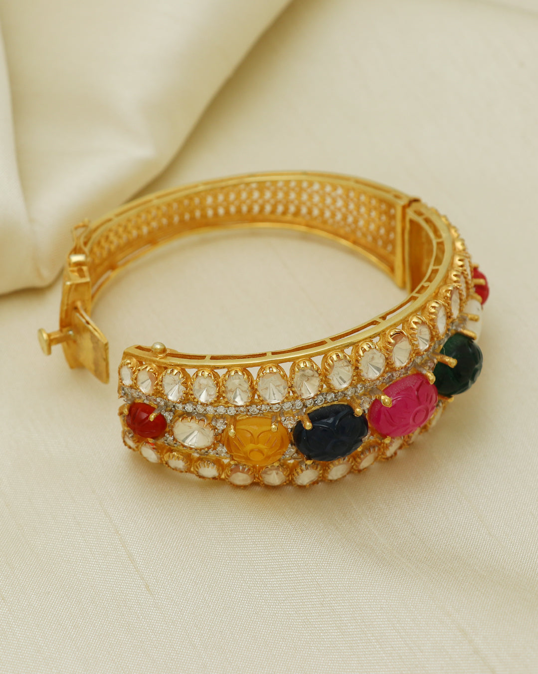 925 Silver Multi Color Precious Gemstone & Polki Bangle