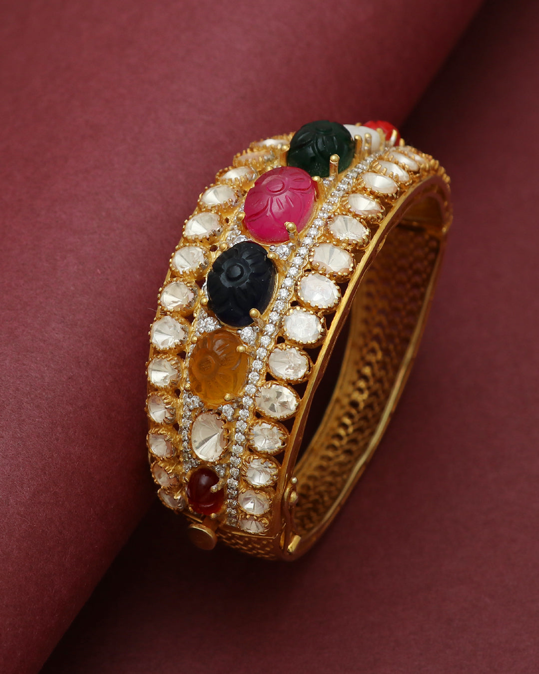 925 Silver Multi Color Precious Gemstone & Polki Bangle