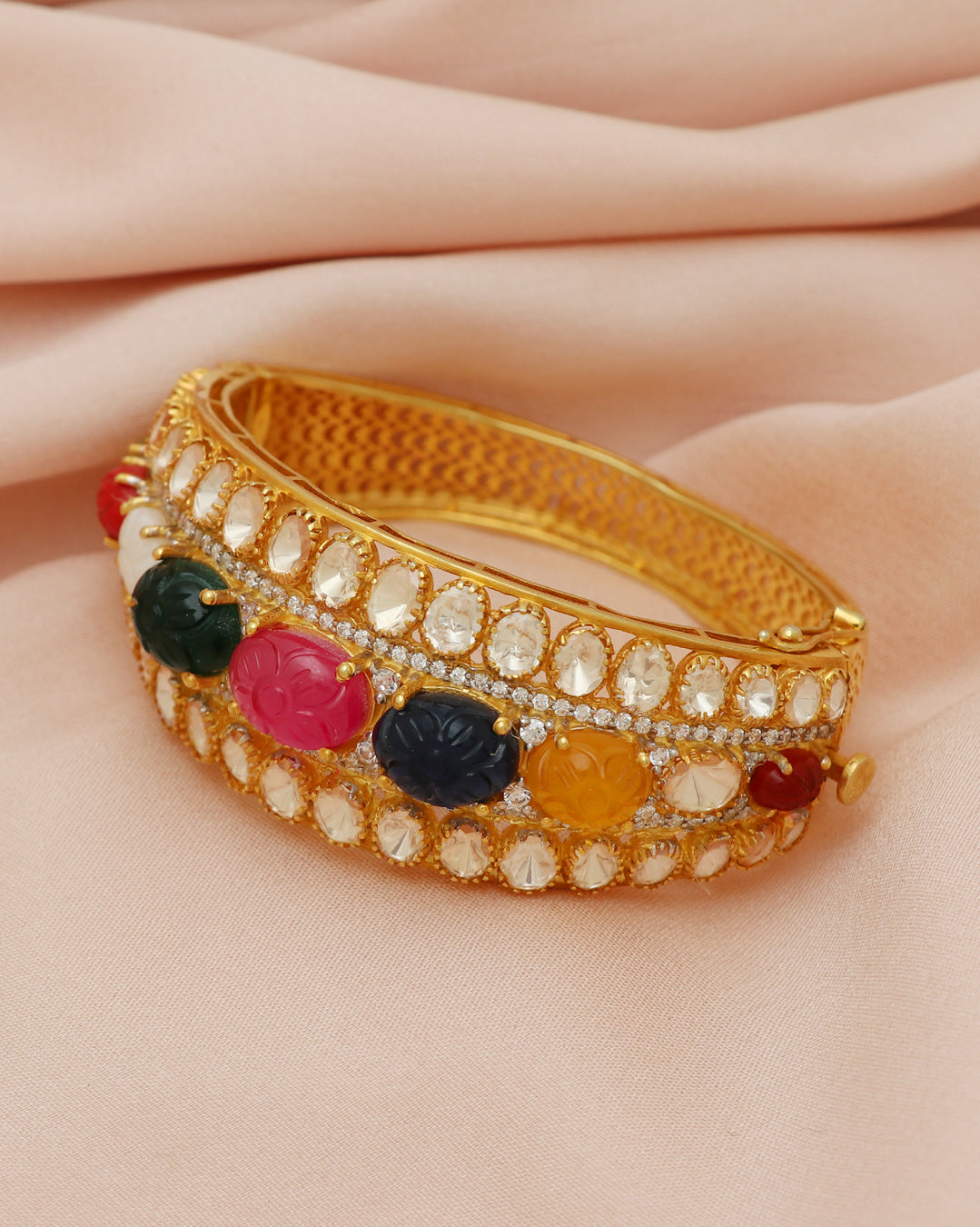 925 Silver Multi Color Precious Gemstone & Polki Bangle