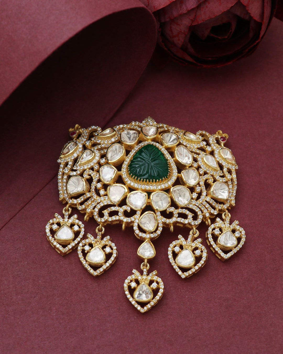 925 Silver Moissanite Polki Emerald Gemstone Pendant Jewelry