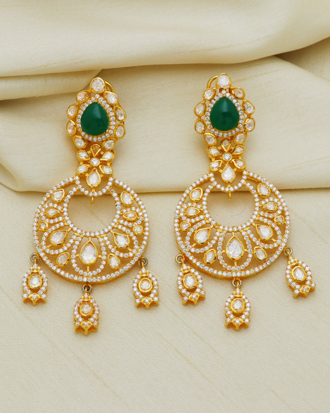 925 Silver Designer Green Moissanite Polki Earring