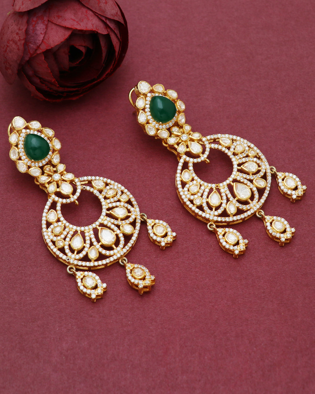 925 Silver Designer Green Moissanite Polki Earring