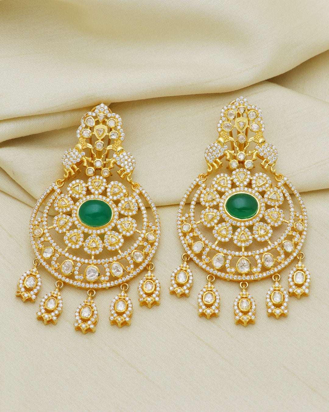 925 Silver  Designer Green  Moissanite Polki Earring