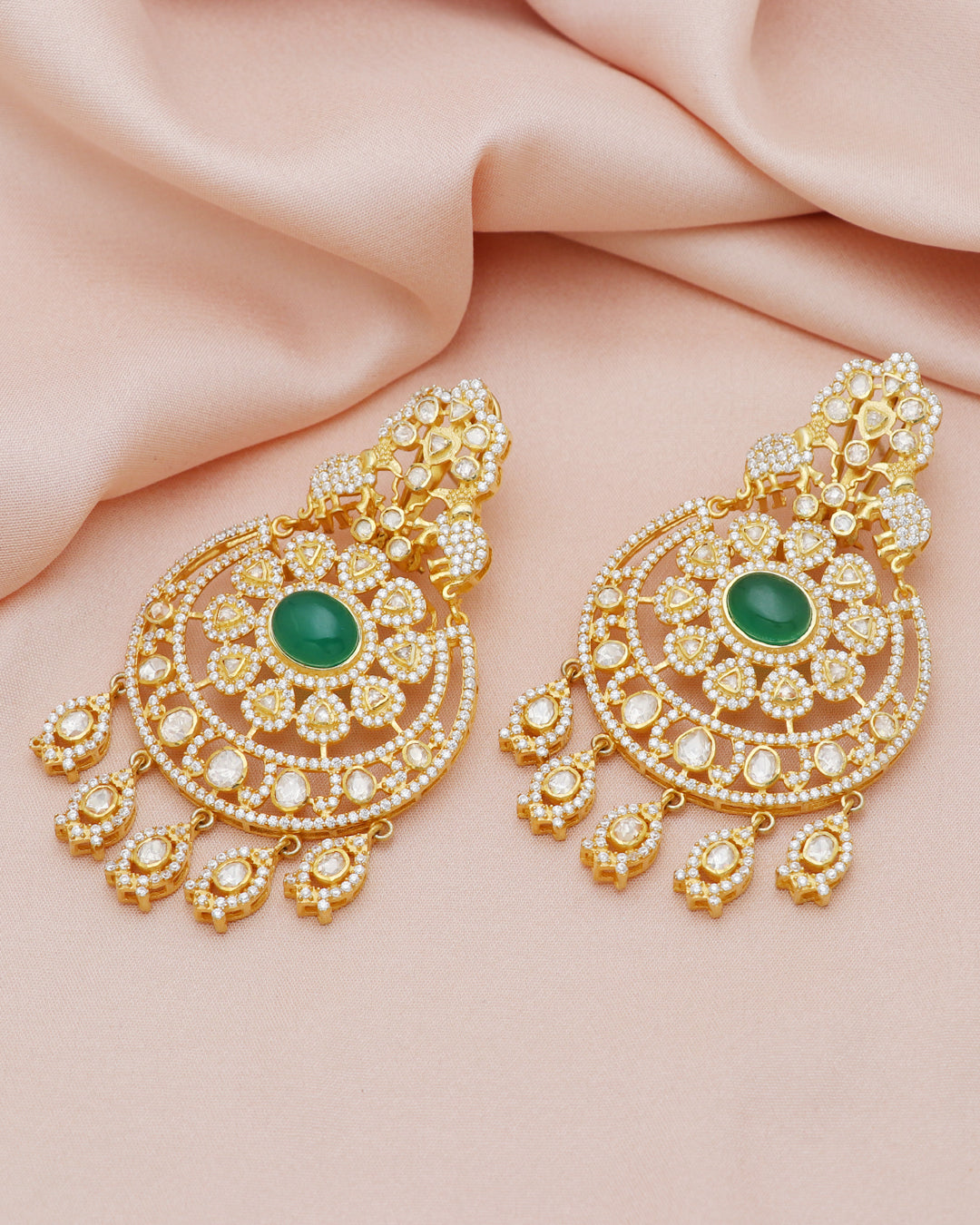 925 Silver  Designer Green  Moissanite Polki Earring