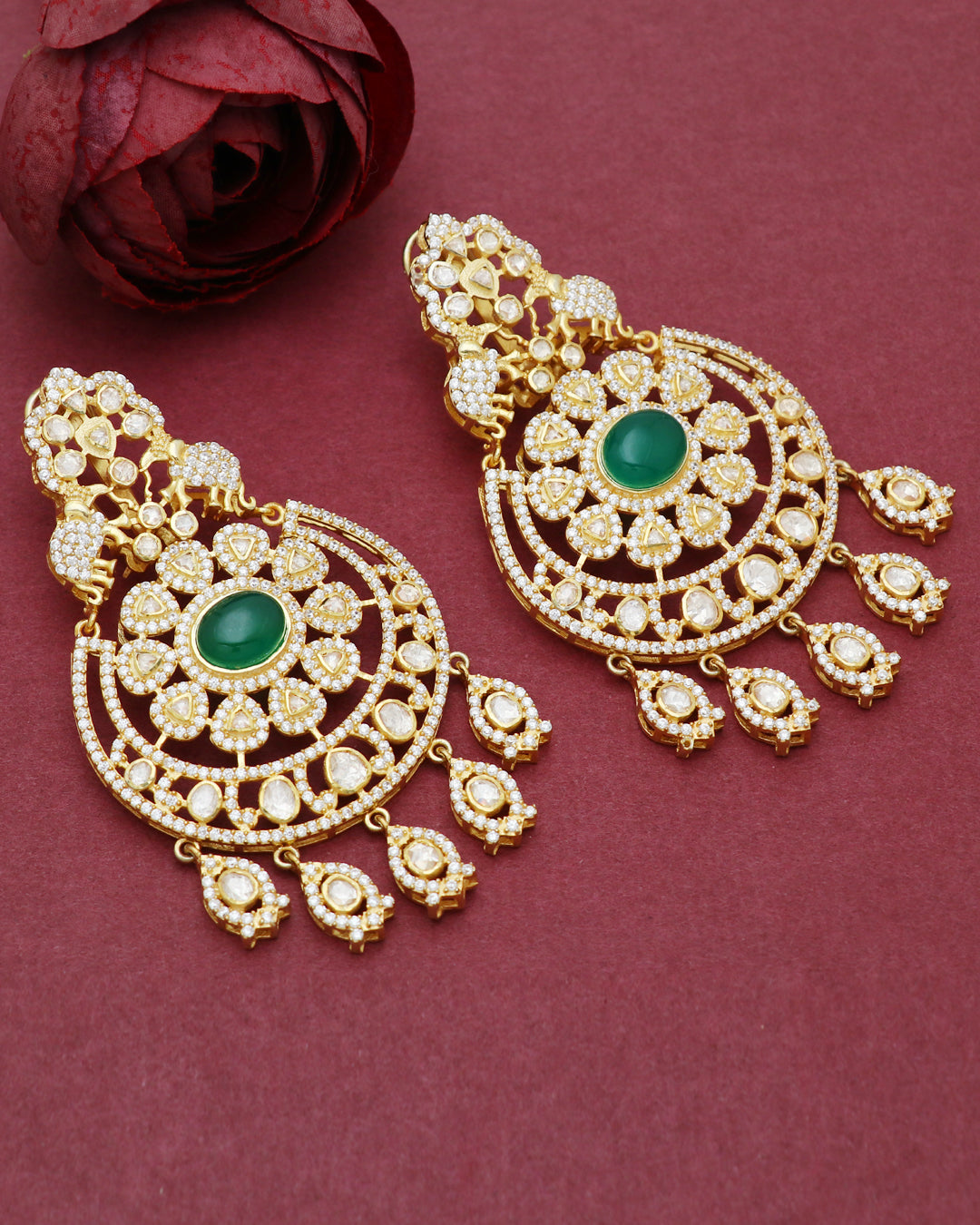 925 Silver  Designer Green  Moissanite Polki Earring