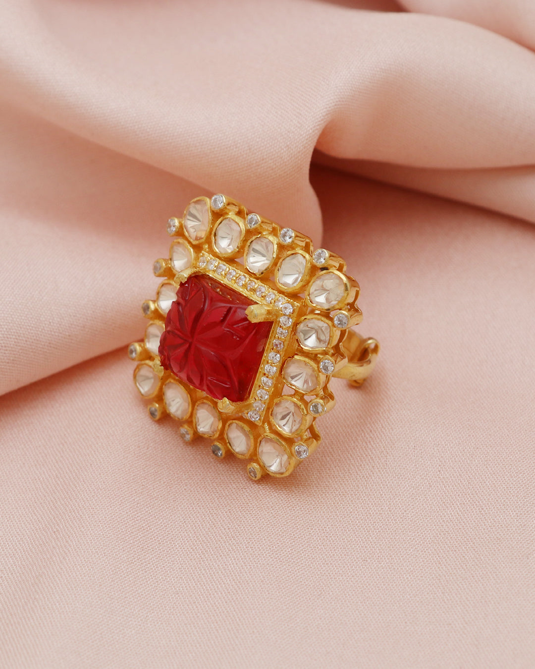 925 Silver carved Ruby Gemstone Moissanite Polki Adjustable Ring