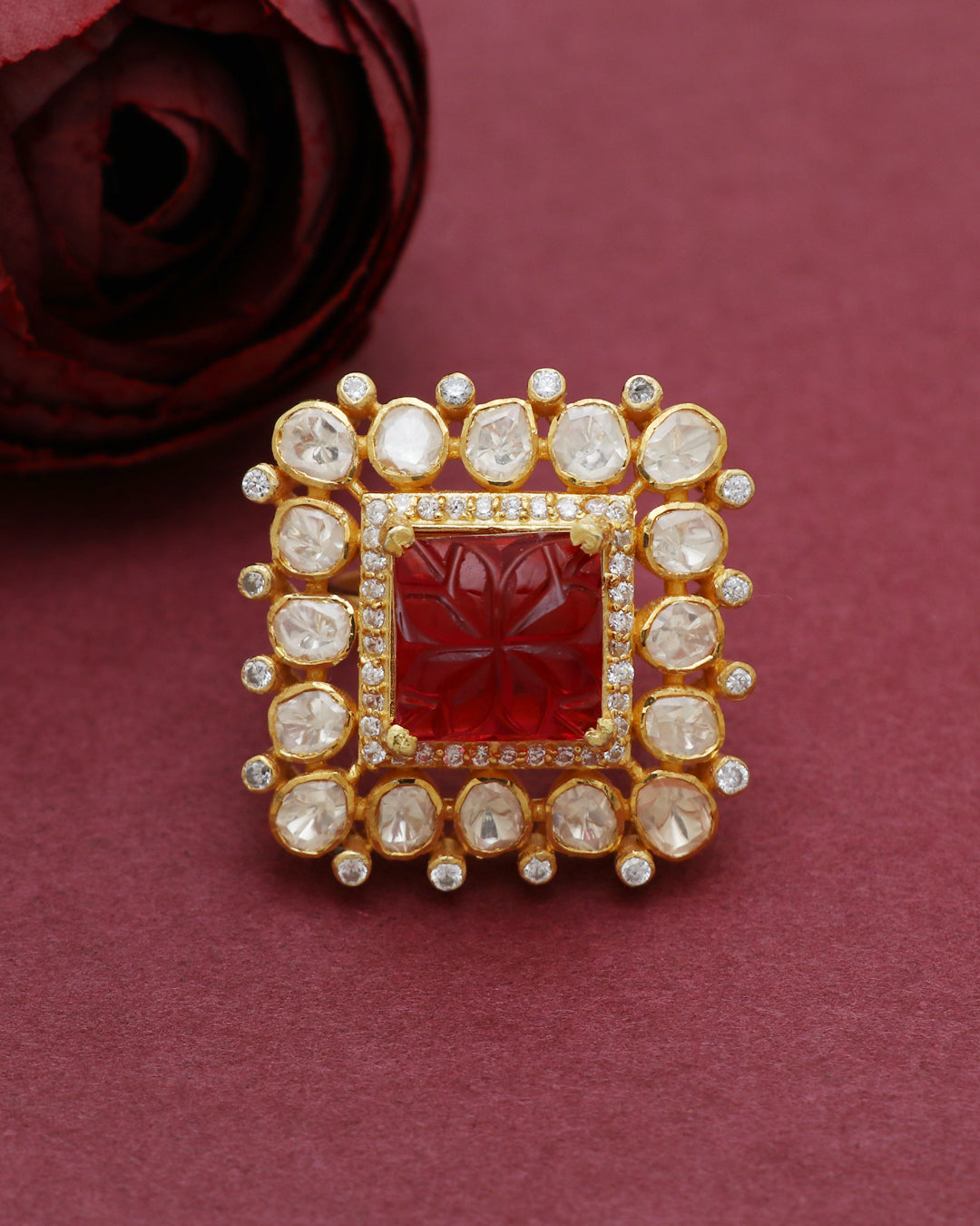 925 Silver carved Ruby Gemstone Moissanite Polki Adjustable Ring