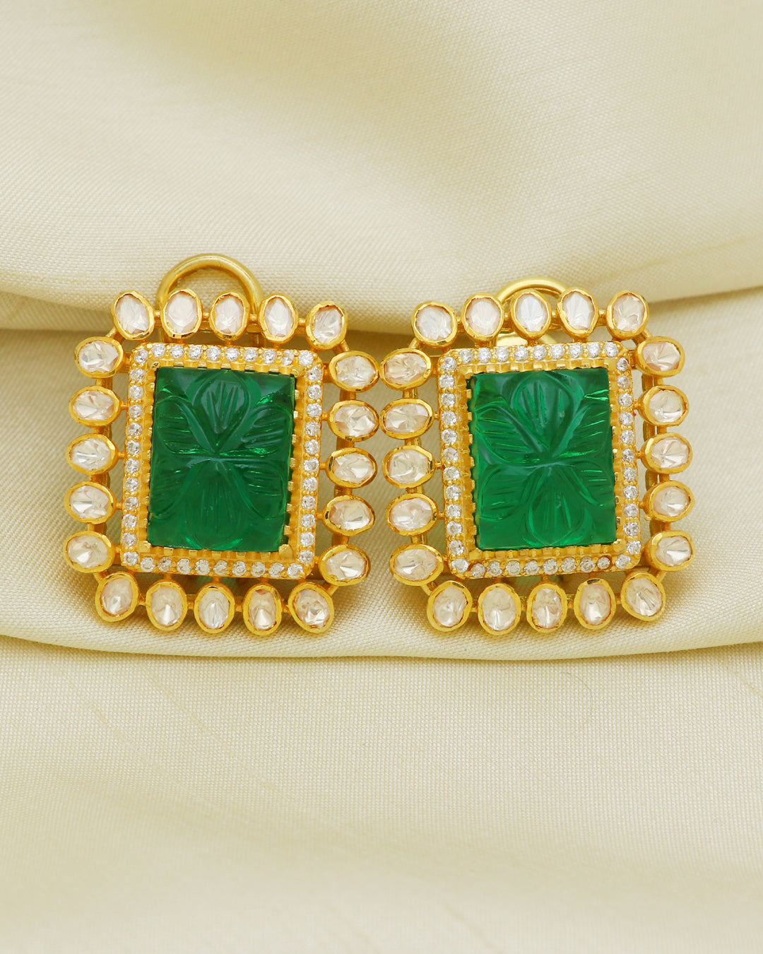 925 Silver Designer Green Moissanite Polki Stud Earring