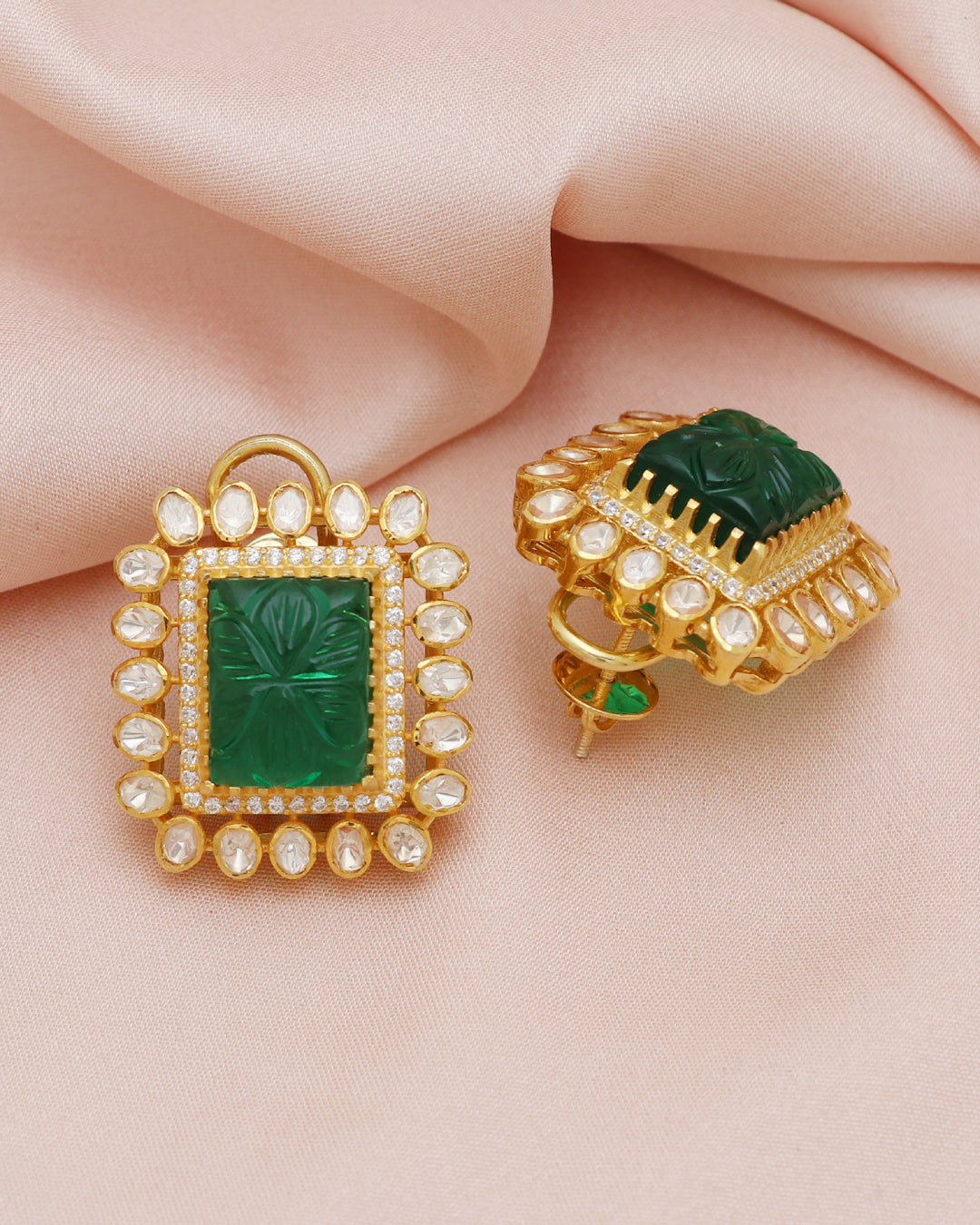 925 Silver Designer Green Moissanite Polki Stud Earring