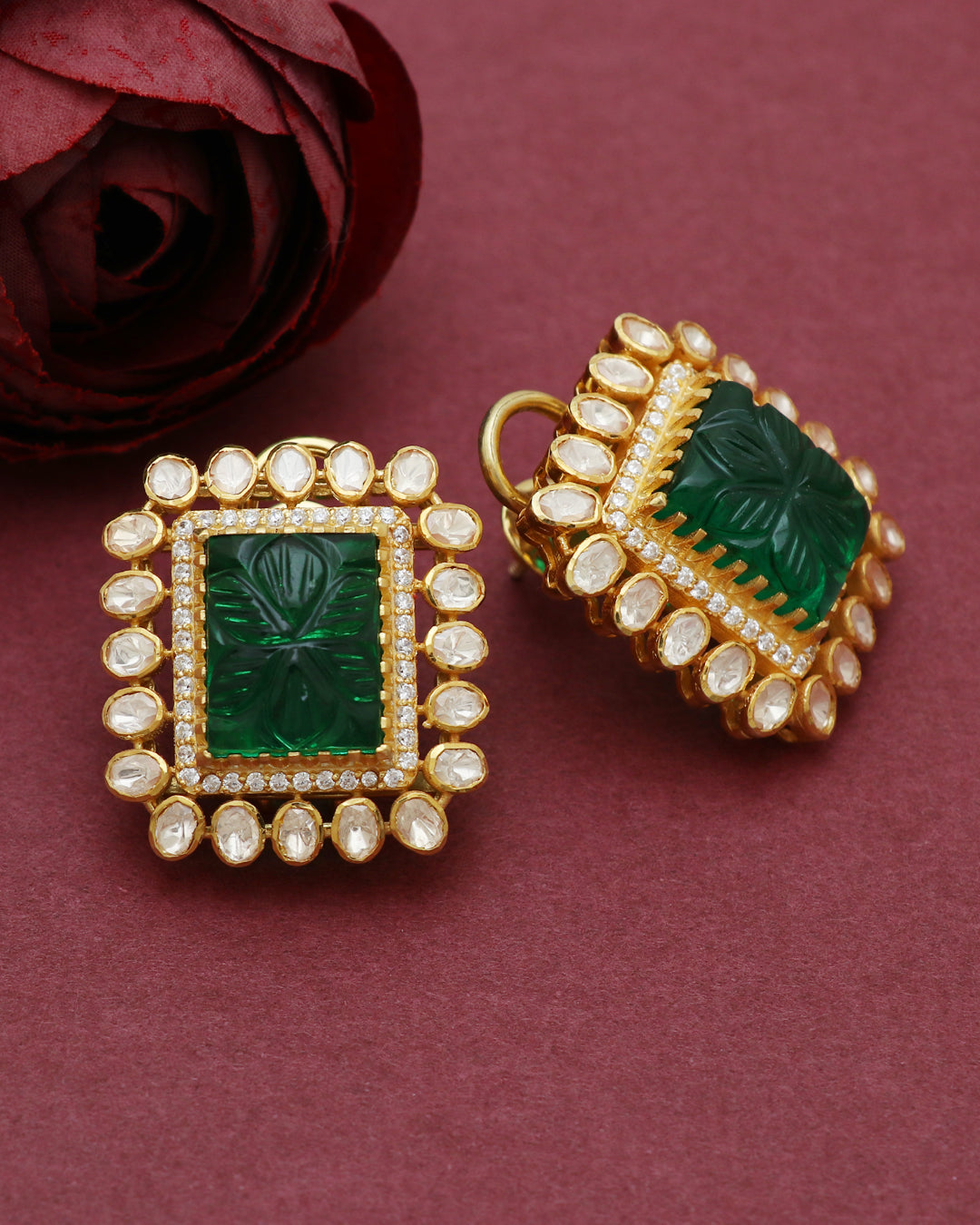 925 Silver Designer Green Moissanite Polki Stud Earring