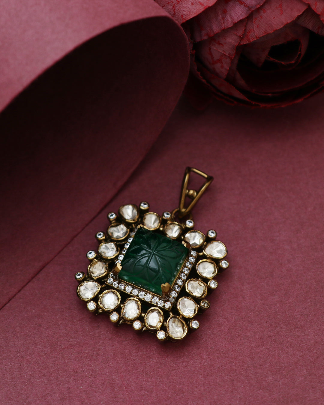 925 Silver Emerald Moissanite Polki Pendant