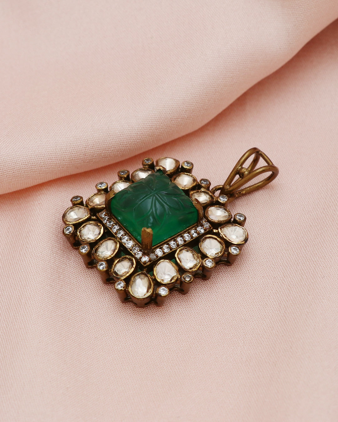 925 Silver Emerald Moissanite Polki Pendant