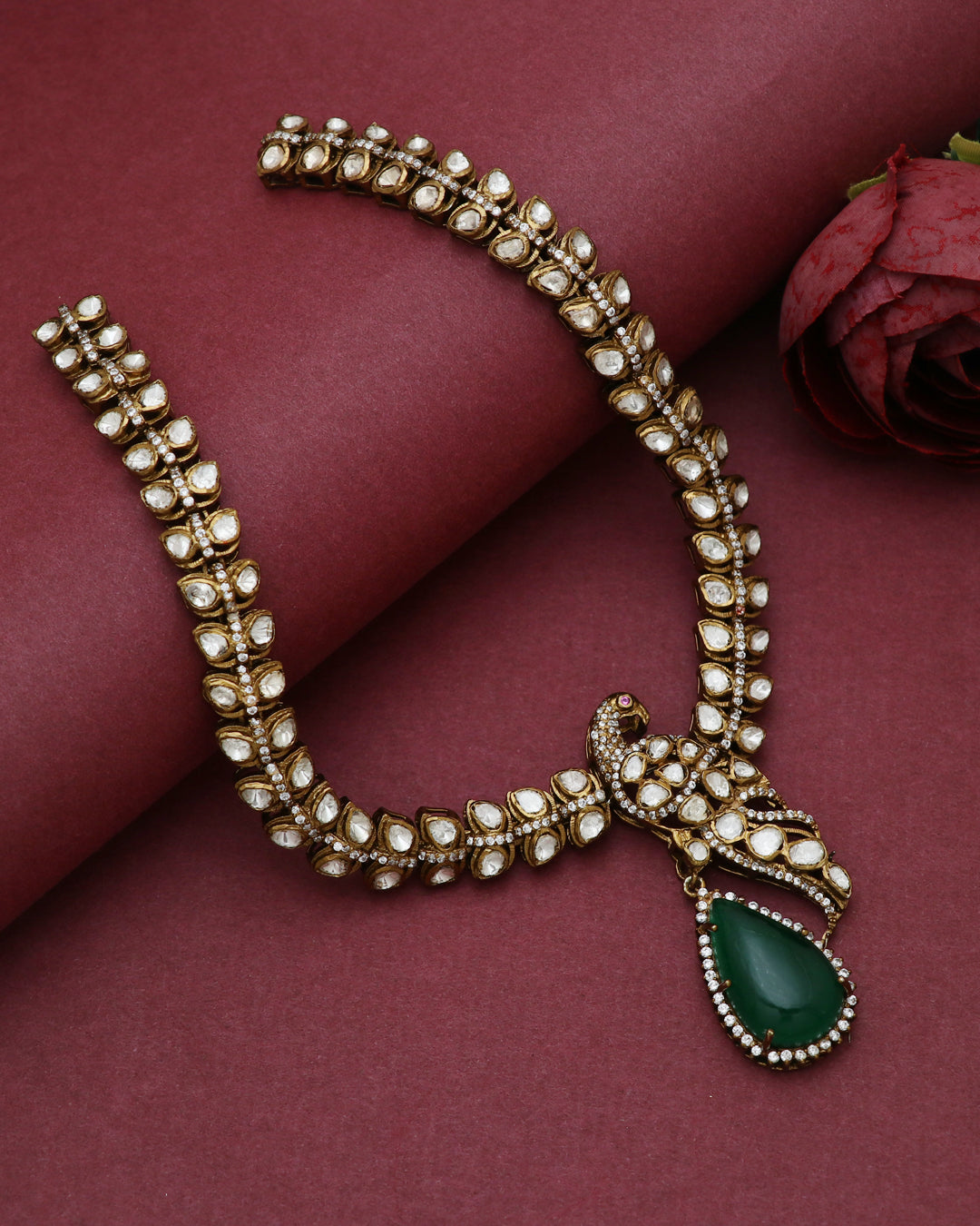 925 Silver Moissanite Polki Peacock Necklace