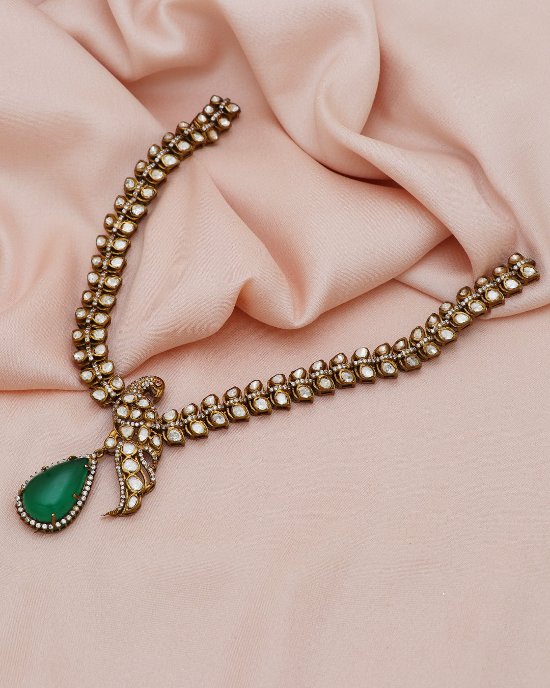 925 Silver Moissanite Polki Peacock Necklace