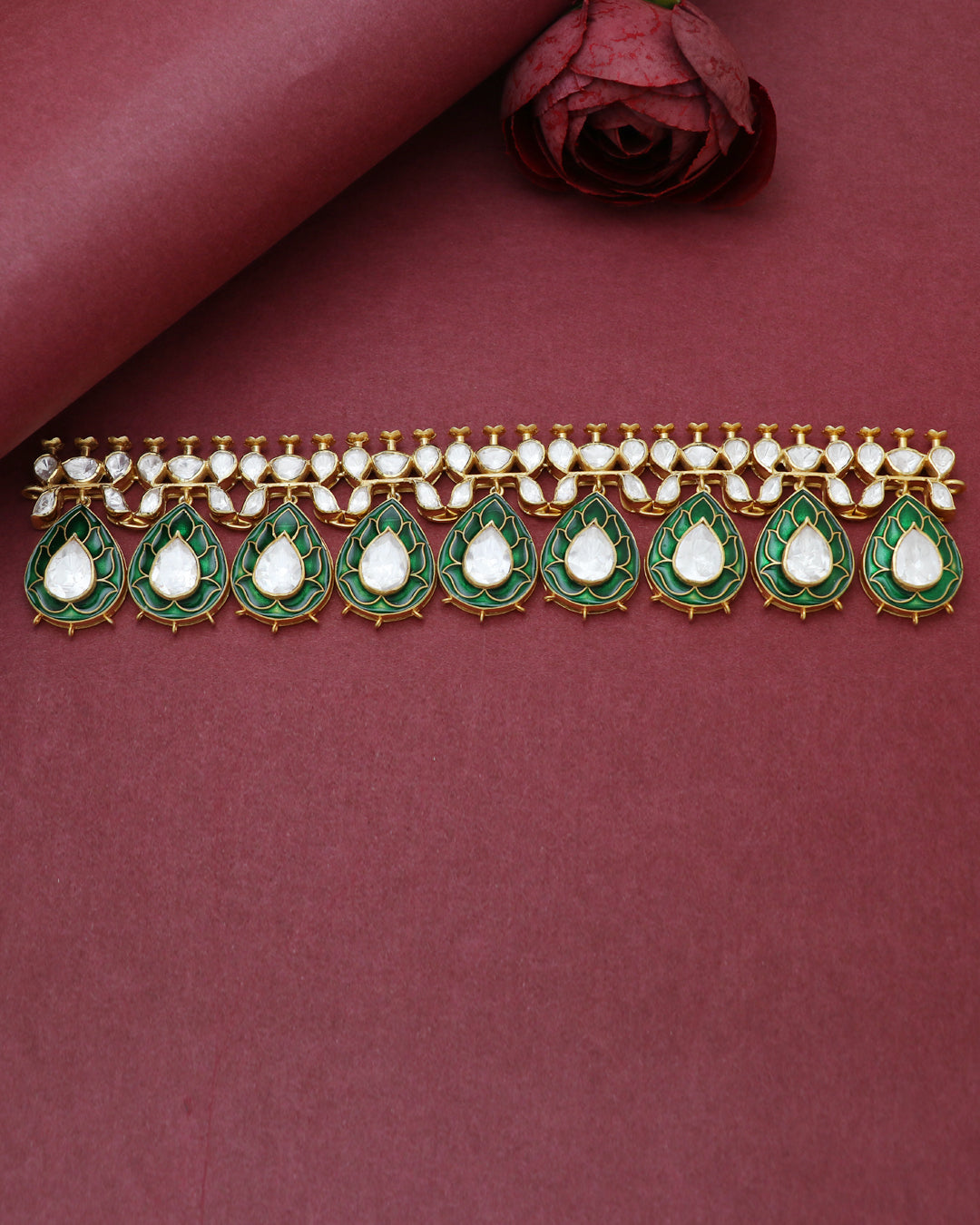 925 Silver Polki Green Choker Necklace