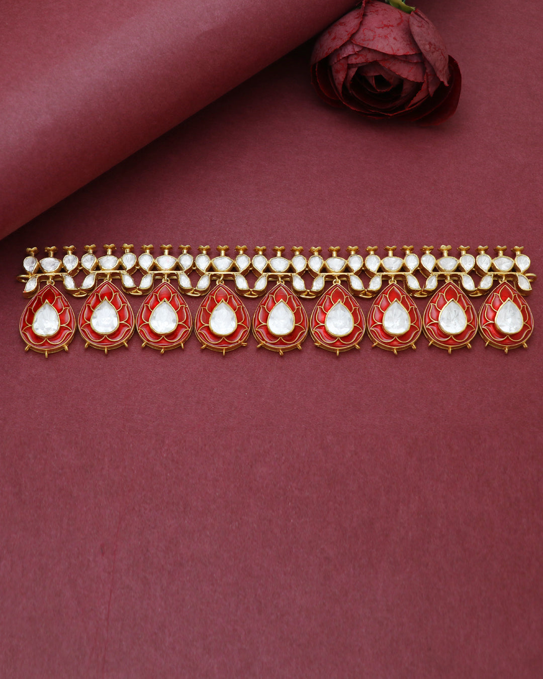 925 Silver Polki Red Choker Necklace