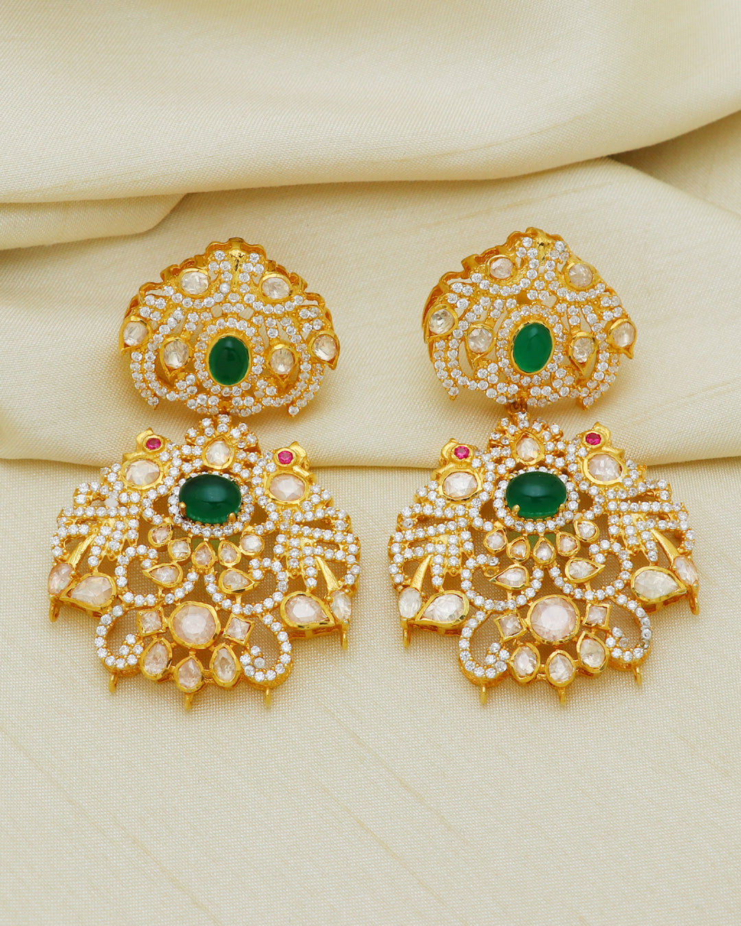 925 Silver Designer Green Moissanite Polki Earring
