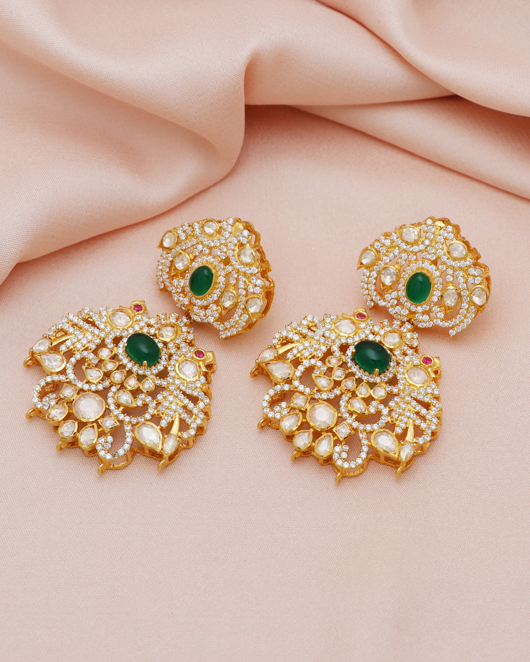 925 Silver Designer Green Moissanite Polki Earring