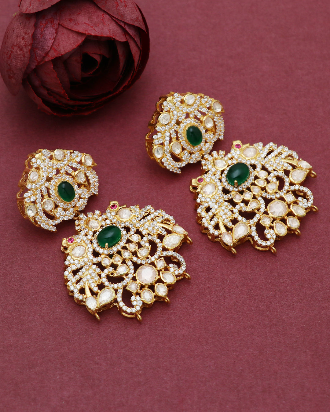 925 Silver Designer Green Moissanite Polki Earring