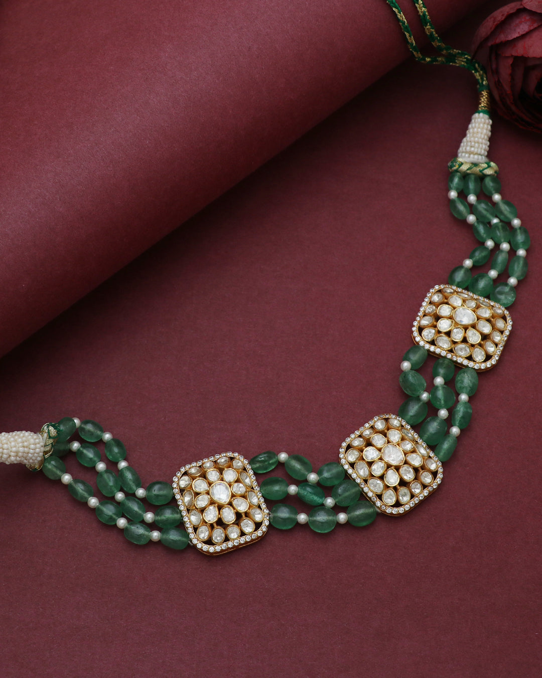 925 Silver Moissanite Polki Green Necklace