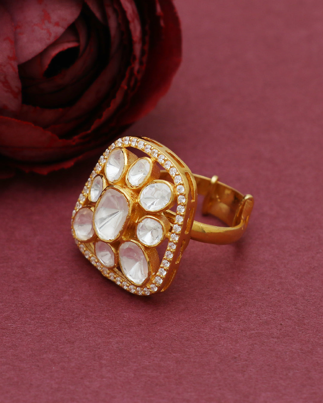 925 Silver Moissanite Polki Adjustable Ring