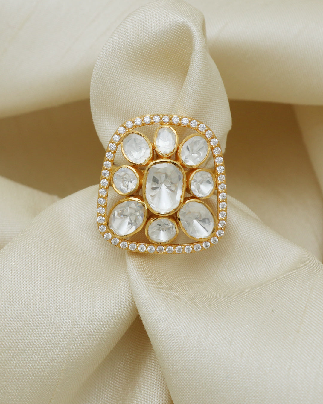 925 Silver Moissanite Polki Adjustable Ring