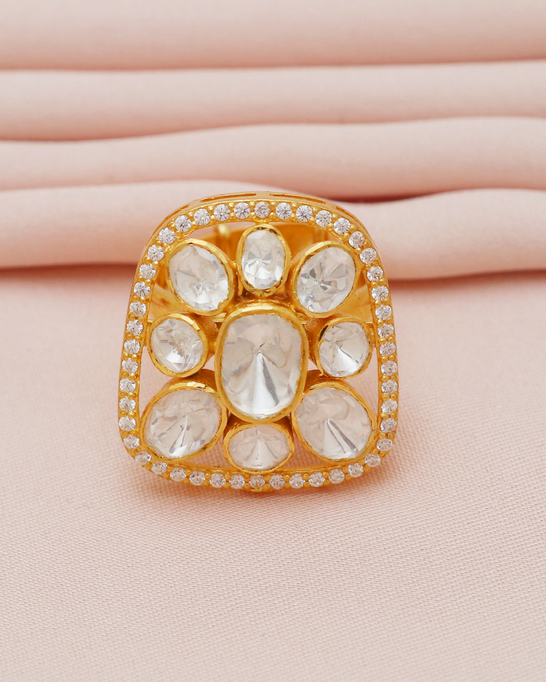 925 Silver Moissanite Polki Adjustable Ring